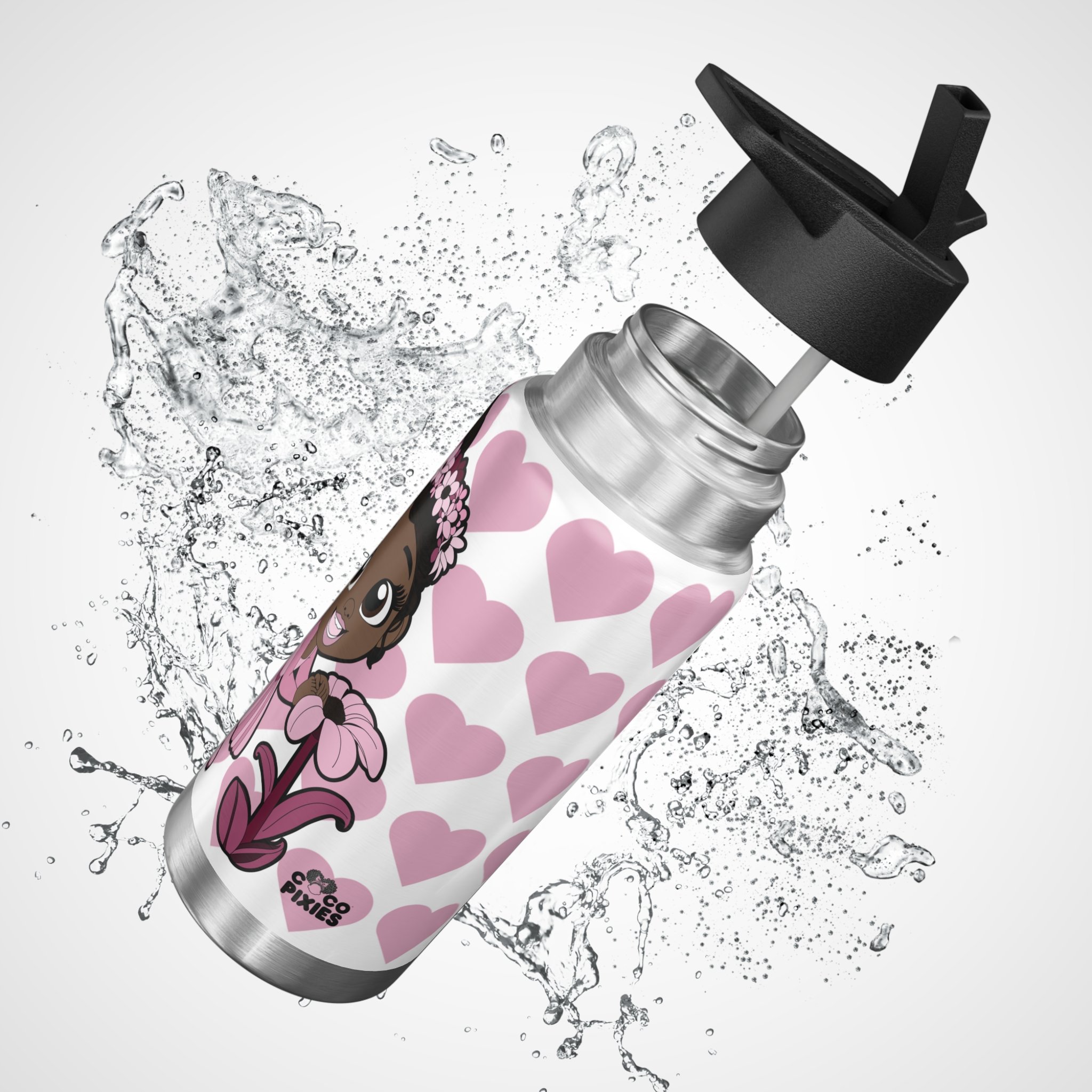 Tara Twinkle Pixie Stainless Steel Water Bottle 32oz Tumbler featuring COCO PIXIES Signature Heart Pattern with adorable Black pixie character artwork