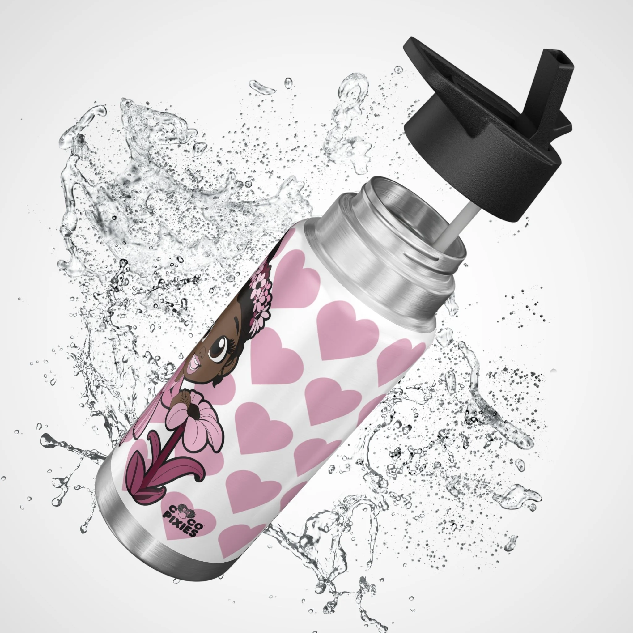 Tara Twinkle Pixie Stainless Steel Water Bottle 32oz Tumbler featuring COCO PIXIES Signature Heart Pattern with adorable Black pixie character artwork