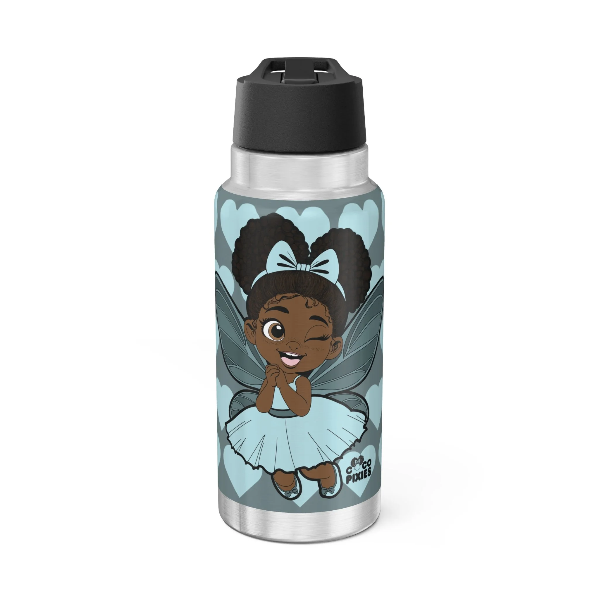Gleeful Grace Pixie Stainless Steel Water Bottle - Coco Pixies Icy Blue Signature Heart Pattern 32oz Tumbler
