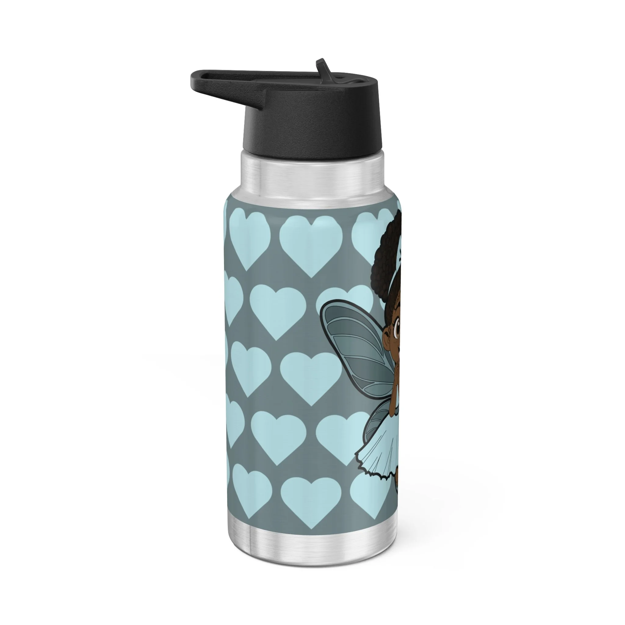 Gleeful Grace Pixie Stainless Steel Water Bottle by COCO PIXIES featuring an icy blue signature heart pattern on a 32oz insulated tumbler with whimsical Black pixie artwork.