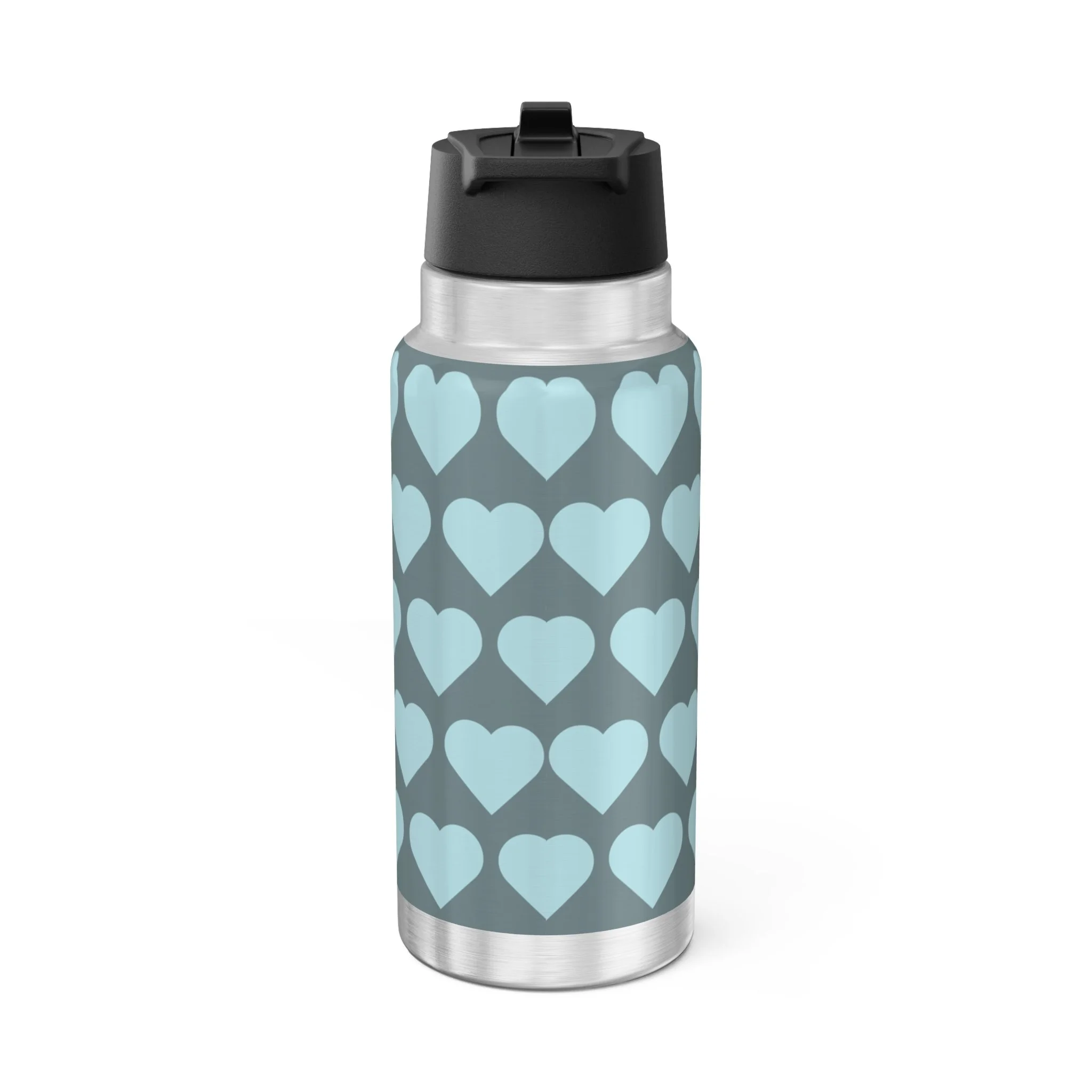 Gleeful Grace Pixie Stainless Steel Water Bottle by COCO PIXIES featuring an icy blue signature heart pattern on a 32oz insulated tumbler with whimsical Black pixie artwork.