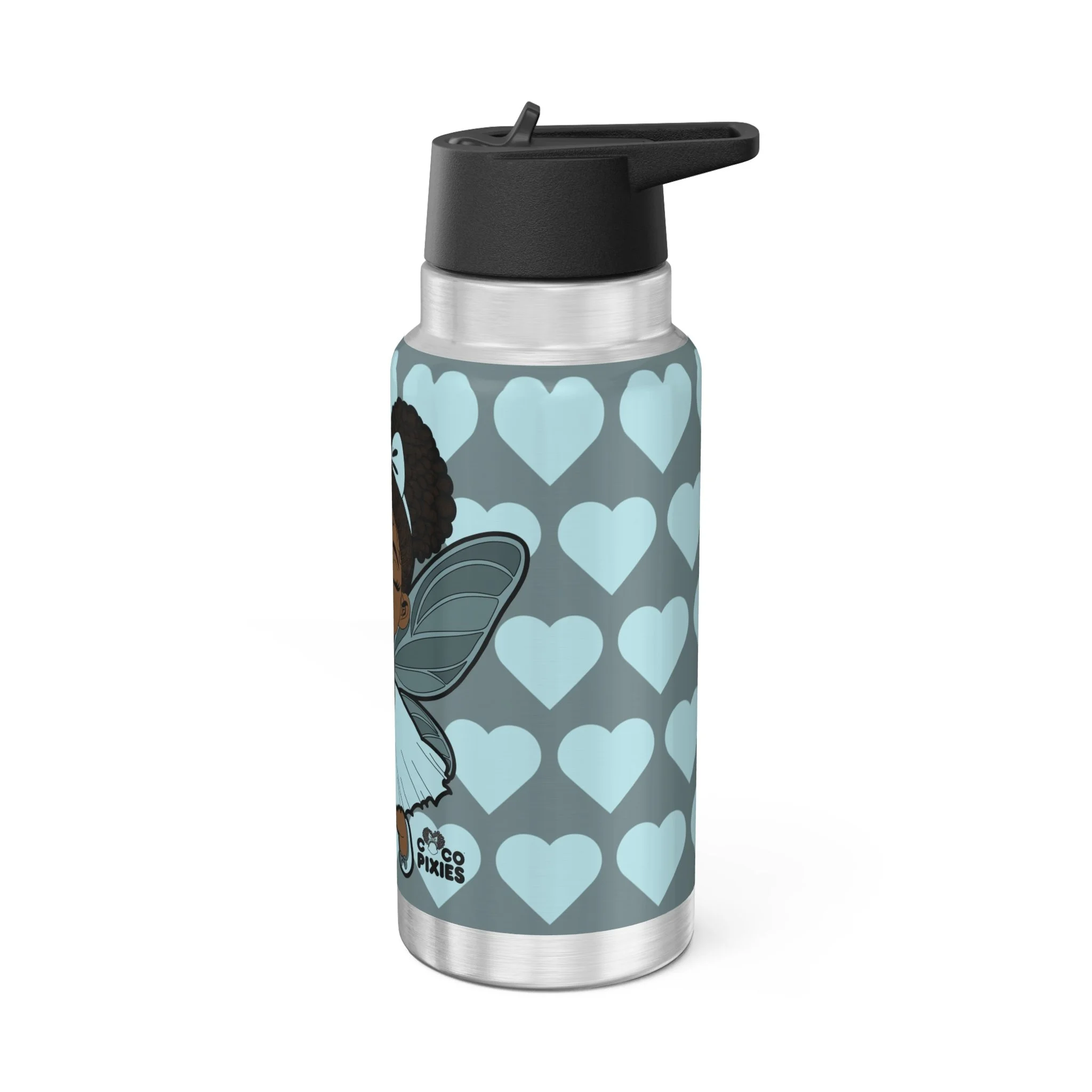 Gleeful Grace Pixie Stainless Steel Water Bottle by COCO PIXIES featuring an icy blue signature heart pattern on a 32oz insulated tumbler with whimsical Black pixie artwork.