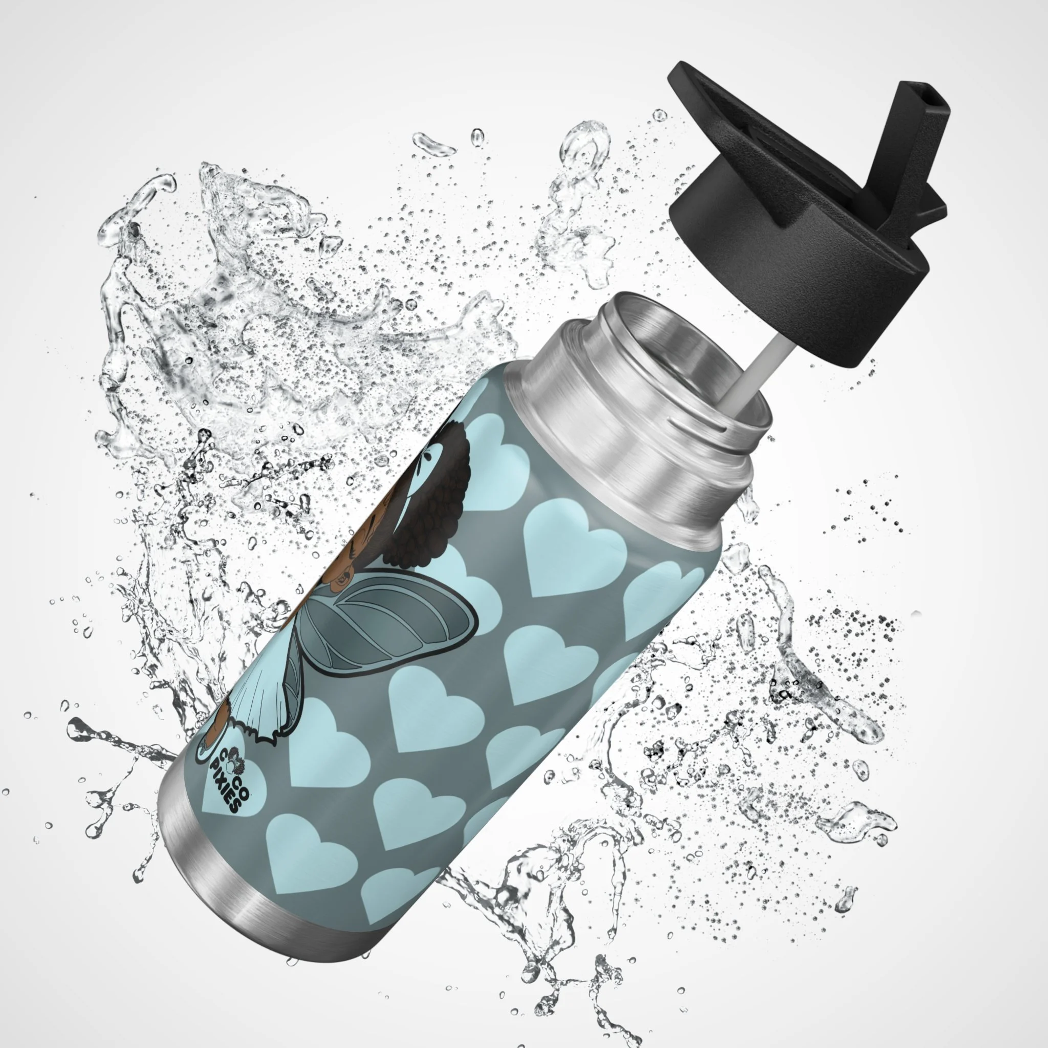 Gleeful Grace Pixie Stainless Steel Water Bottle by COCO PIXIES featuring an icy blue signature heart pattern on a 32oz insulated tumbler with whimsical Black pixie artwork.