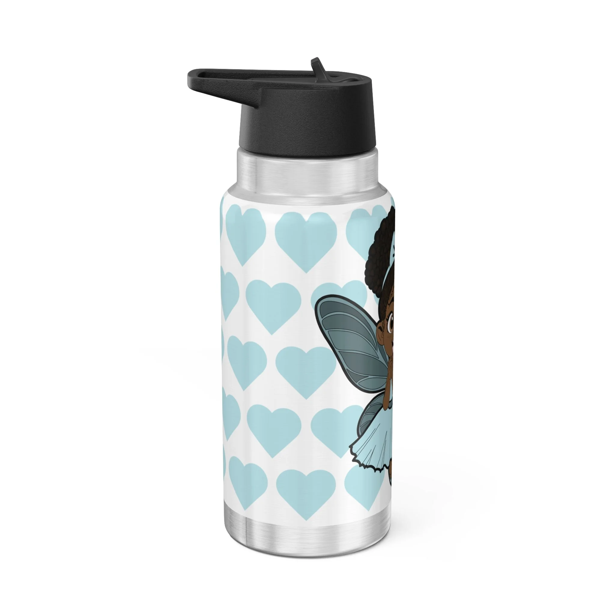 Gleeful Grace Pixie Stainless Steel Water Bottle by COCO PIXIES featuring the signature heart pattern on a 32oz insulated tumbler with whimsical Black pixie artwork.