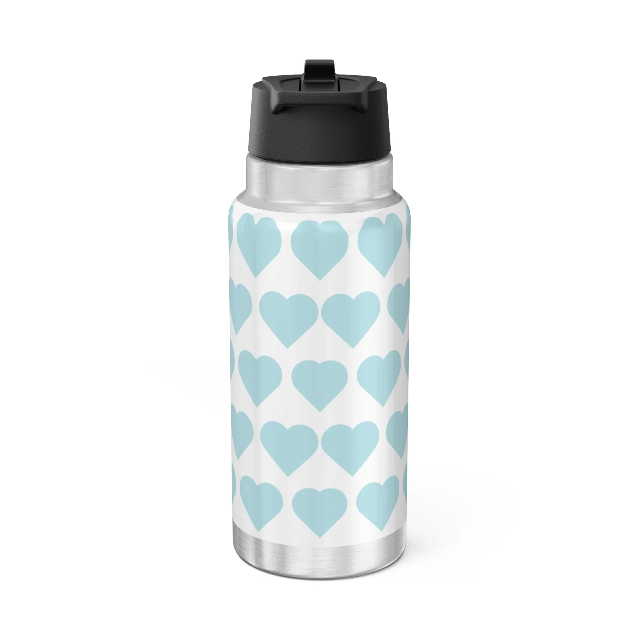 Gleeful Grace Pixie Stainless Steel Water Bottle by COCO PIXIES featuring the signature heart pattern on a 32oz insulated tumbler with whimsical Black pixie artwork.