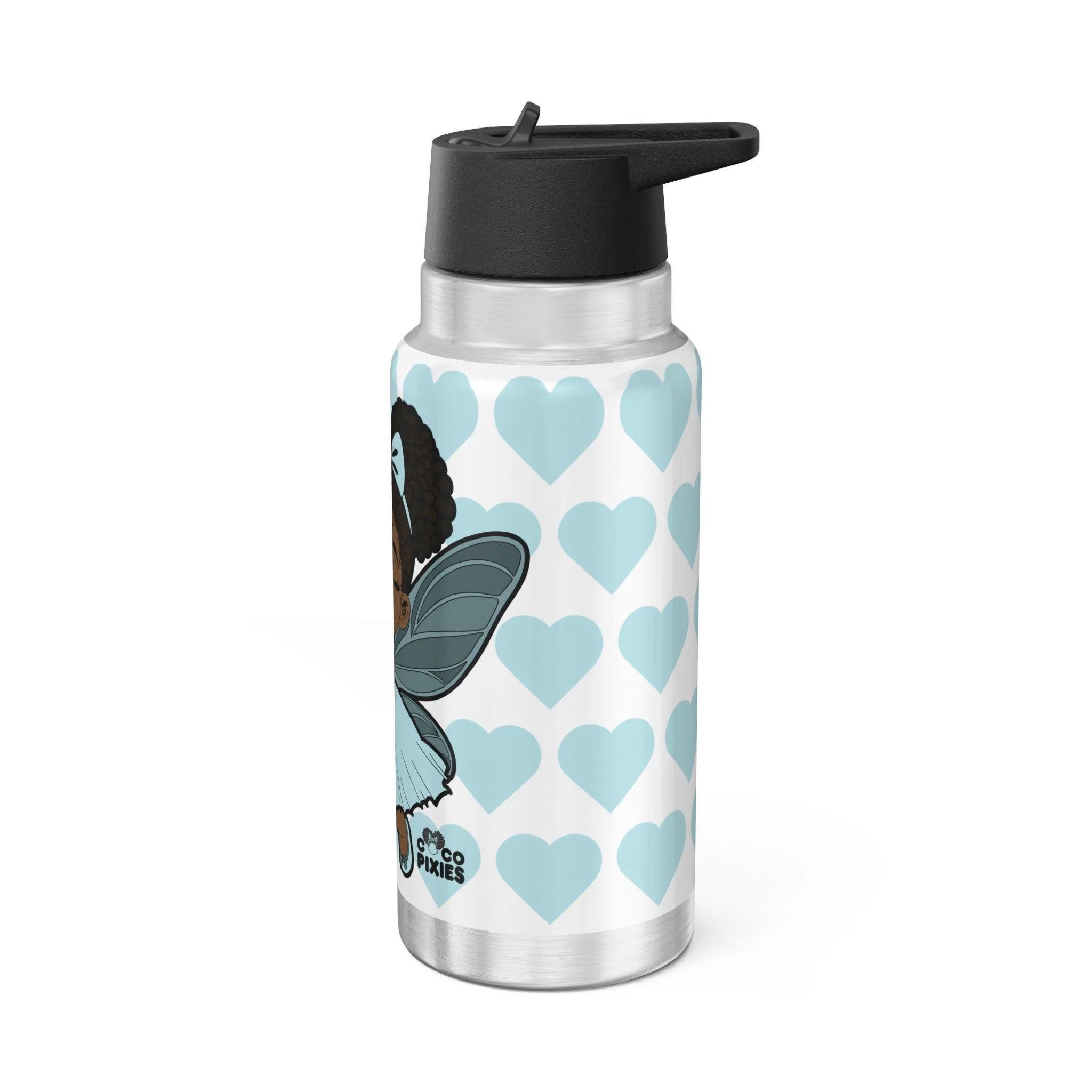 Gleeful Grace Pixie Stainless Steel Water Bottle by COCO PIXIES featuring the signature heart pattern on a 32oz insulated tumbler with whimsical Black pixie artwork.