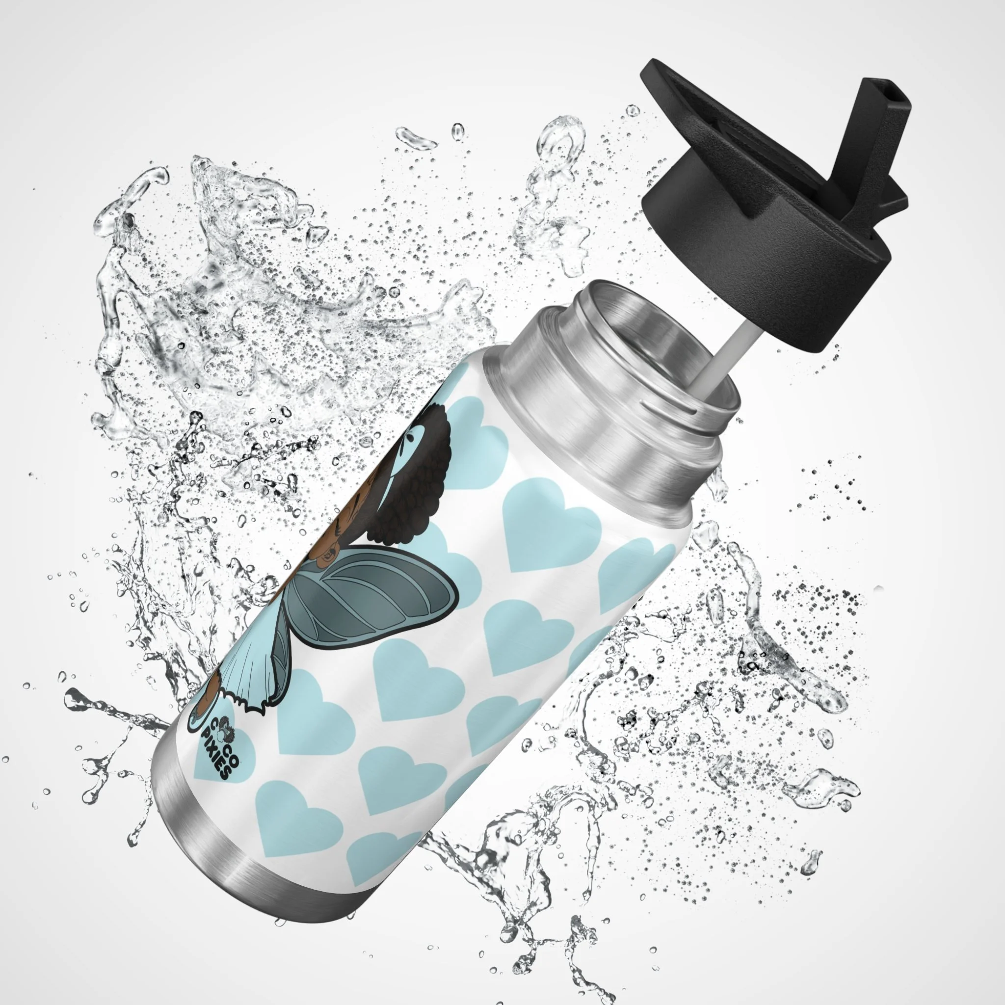 Gleeful Grace Pixie Stainless Steel Water Bottle by COCO PIXIES featuring the signature heart pattern on a 32oz insulated tumbler with whimsical Black pixie artwork.