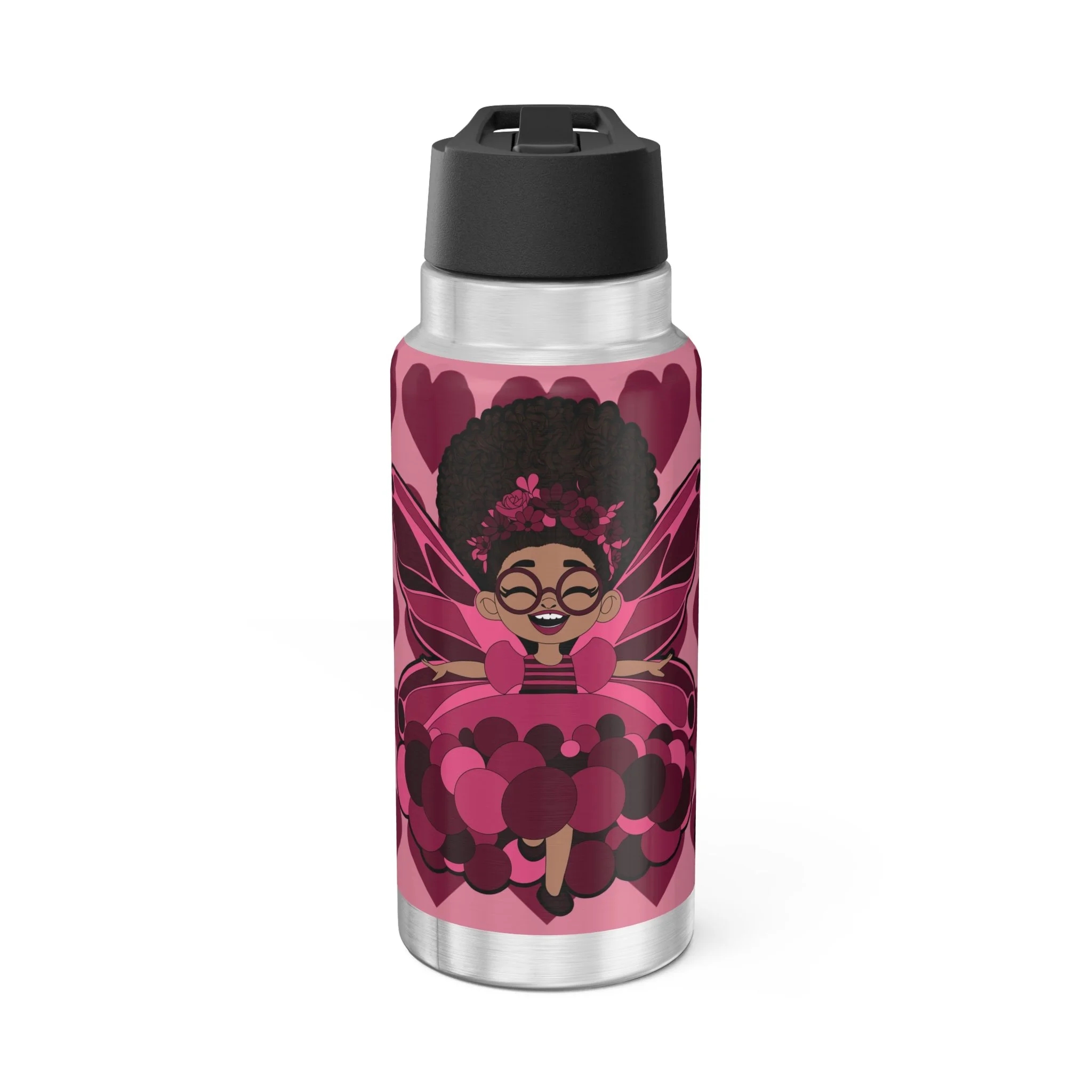 Delightful Daisy Pixie Stainless Steel Water Bottle - Coco Pixies Berry Pink Signature Heart Pattern 32oz Tumbler