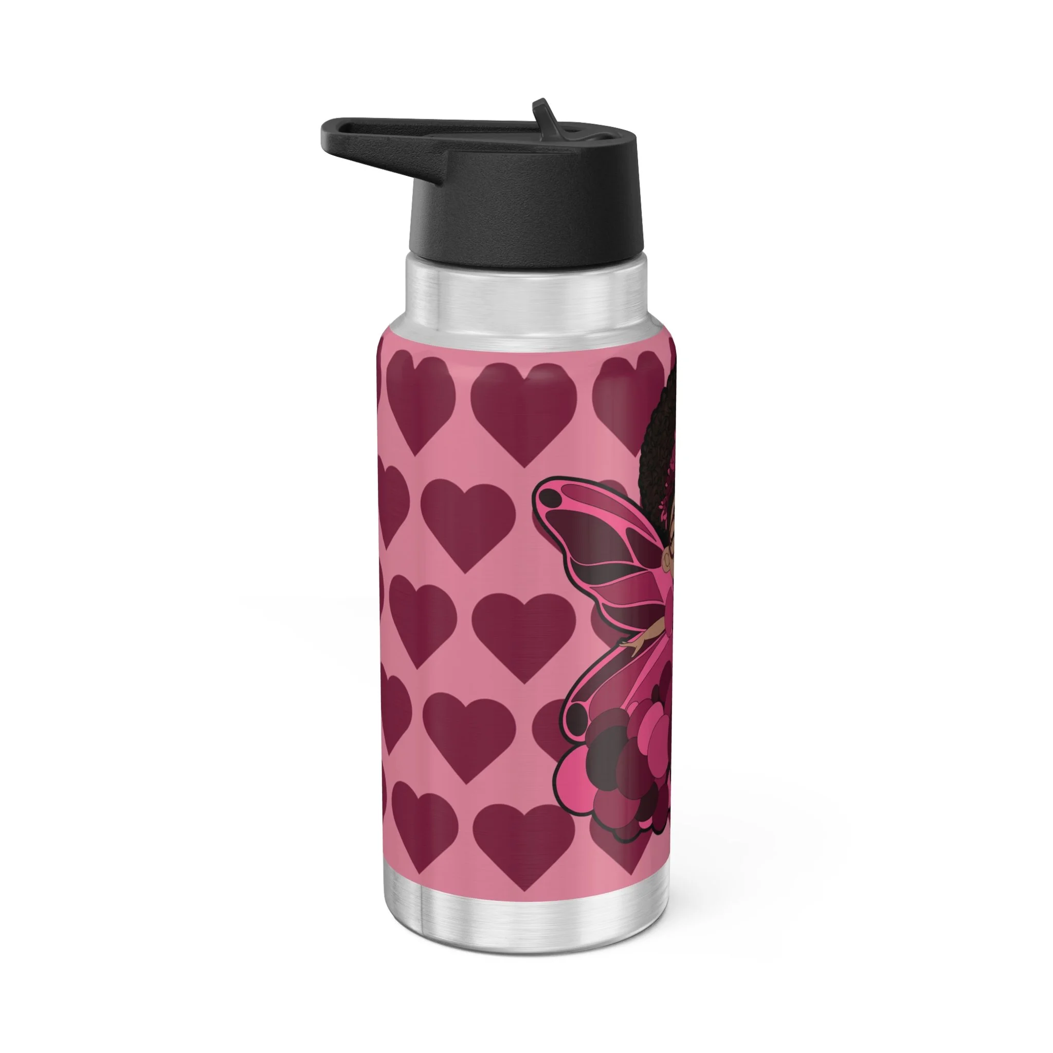 Delightful Daisy Pixie Stainless Steel Water Bottle by COCO PIXIES featuring a berry pink signature heart pattern, curly-haired pixie artwork, insulated 32oz tumbler with flip-top lid.