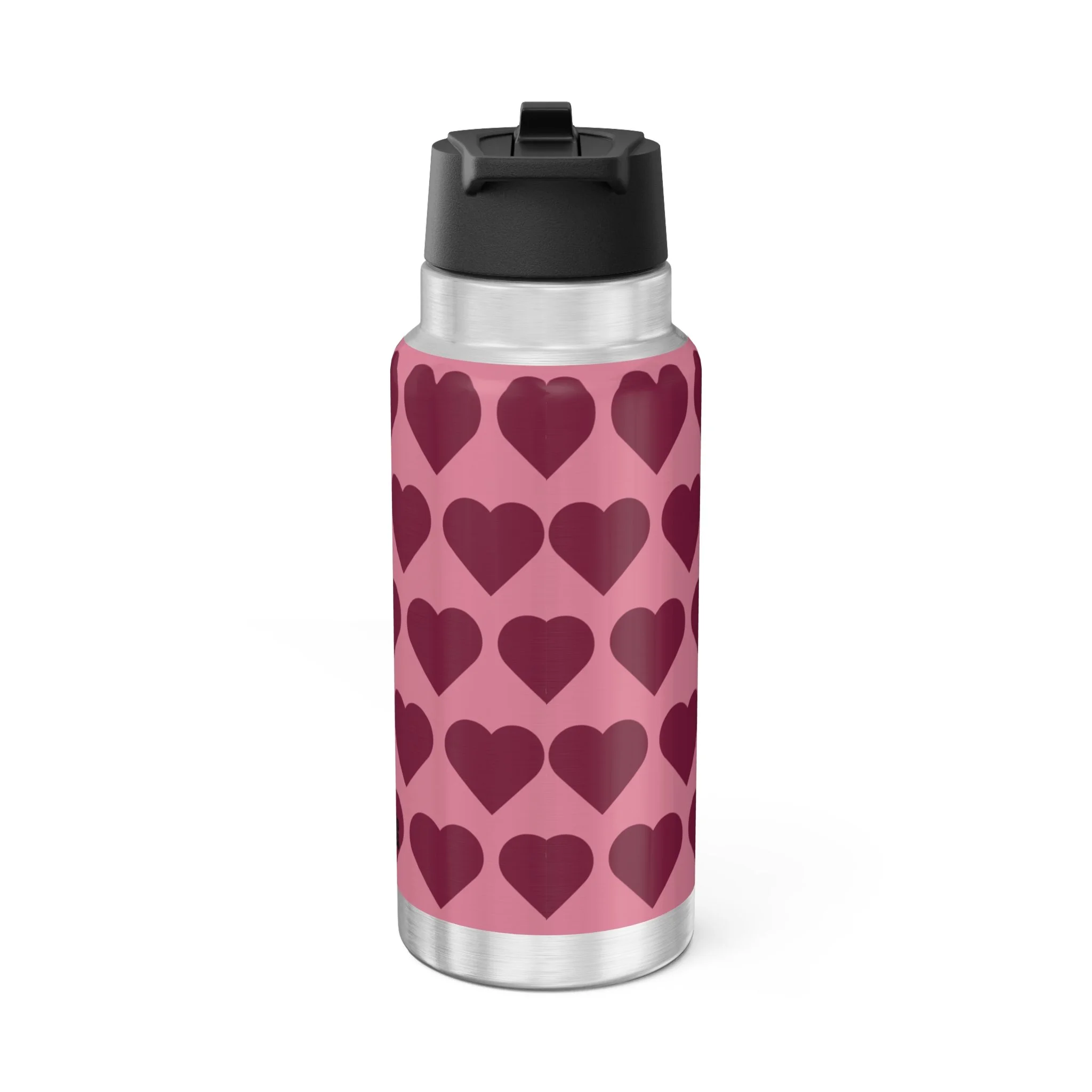 Delightful Daisy Pixie Stainless Steel Water Bottle by COCO PIXIES featuring a berry pink signature heart pattern, curly-haired pixie artwork, insulated 32oz tumbler with flip-top lid.