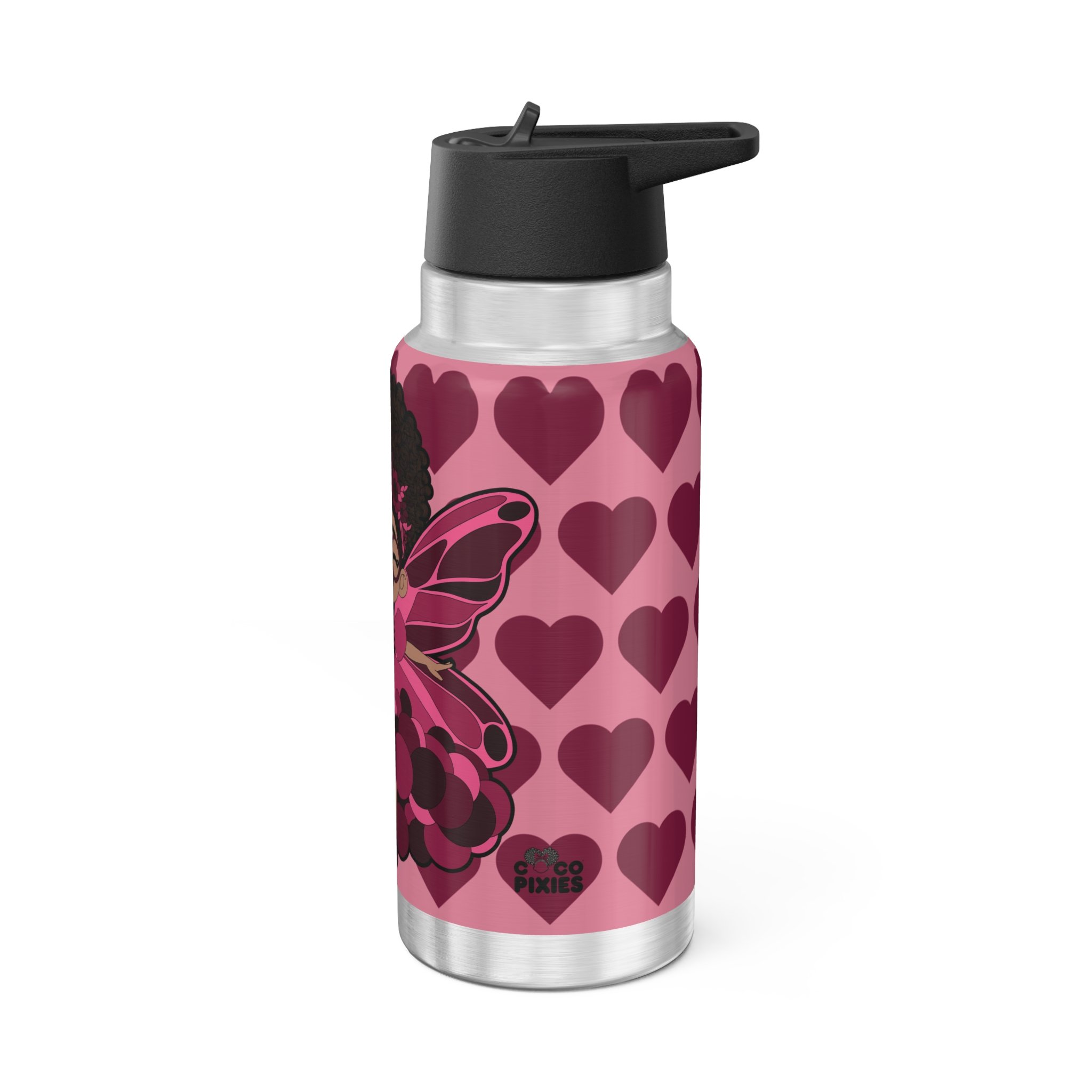 Delightful Daisy Pixie Stainless Steel Water Bottle by COCO PIXIES featuring a berry pink signature heart pattern, curly-haired pixie artwork, insulated 32oz tumbler with flip-top lid.