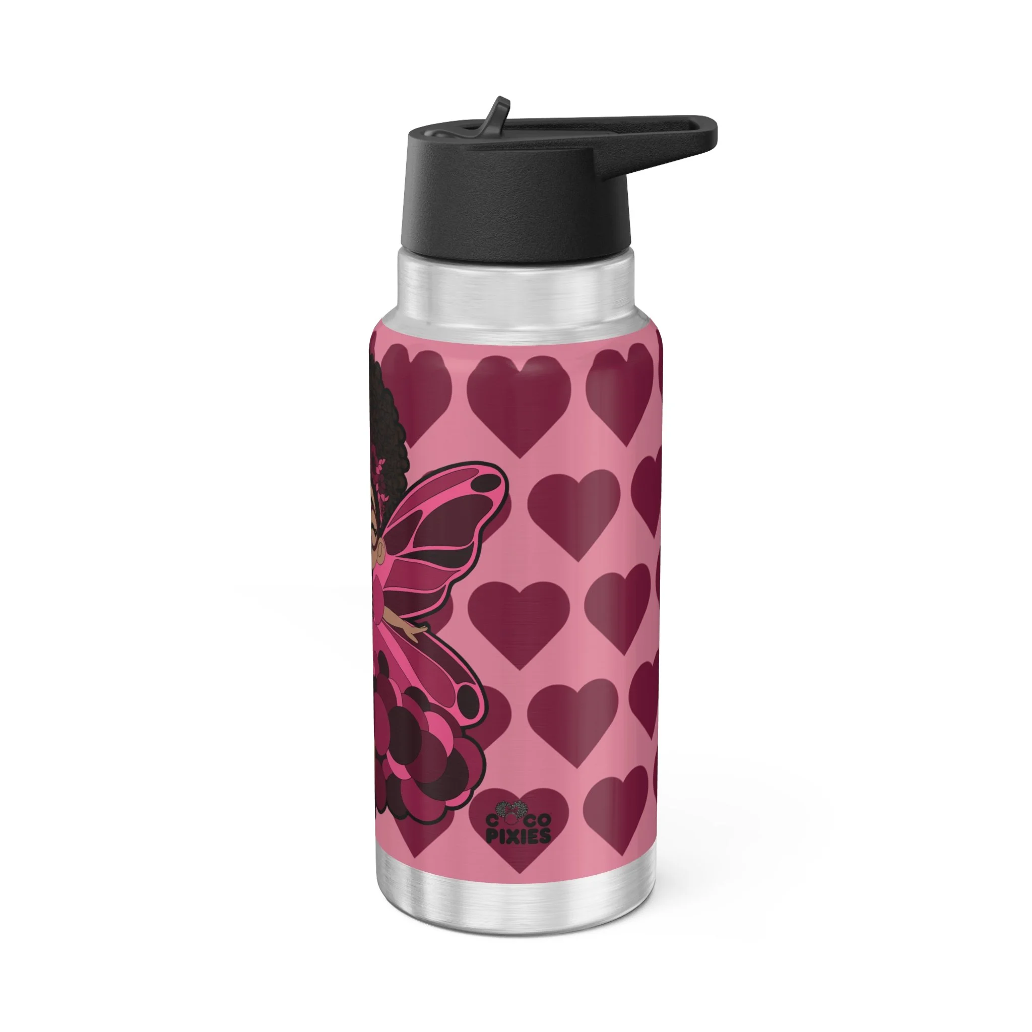 Delightful Daisy Pixie Stainless Steel Water Bottle by COCO PIXIES featuring a berry pink signature heart pattern, curly-haired pixie artwork, insulated 32oz tumbler with flip-top lid.