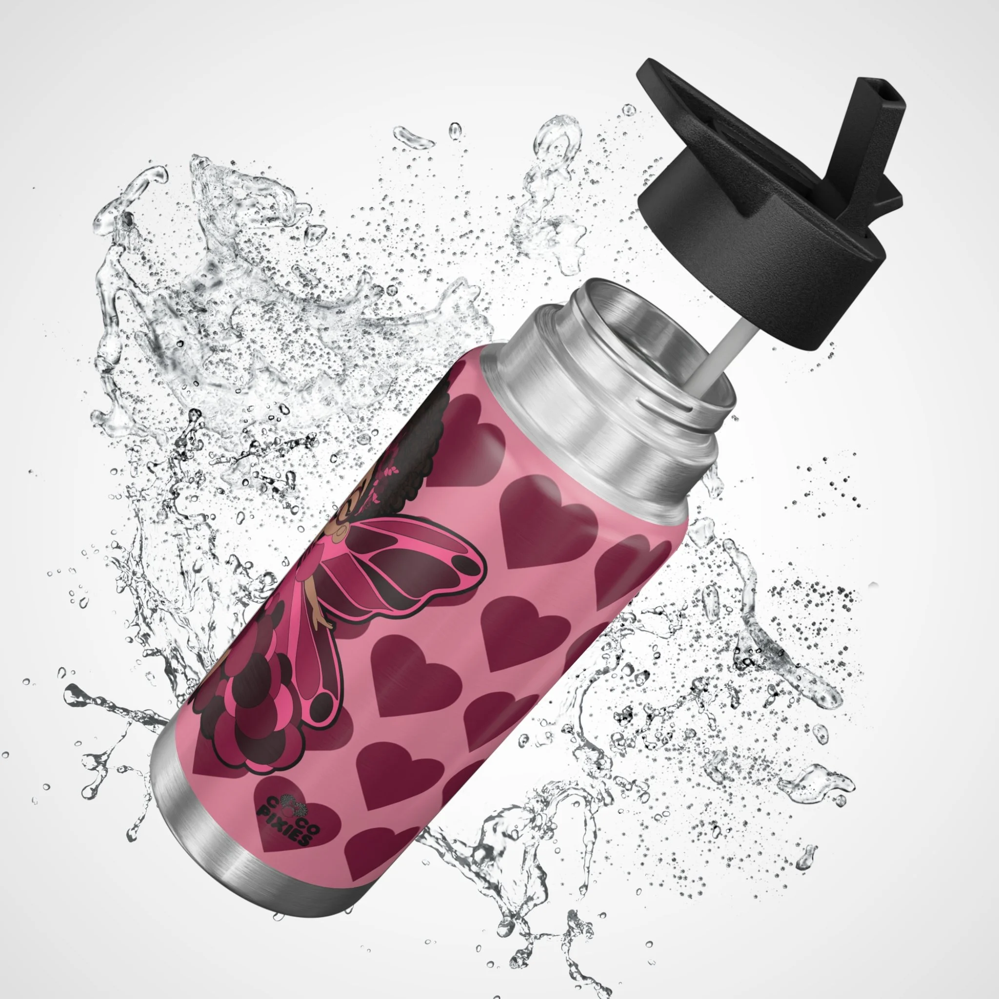 Delightful Daisy Pixie Stainless Steel Water Bottle by COCO PIXIES featuring a berry pink signature heart pattern, curly-haired pixie artwork, insulated 32oz tumbler with flip-top lid.