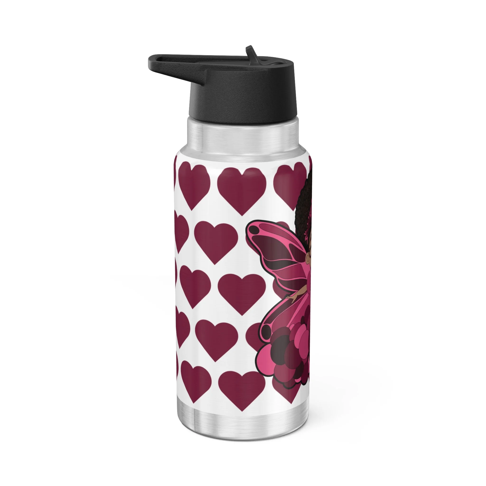 Delightful Daisy Pixie Stainless Steel Water Bottle by COCO PIXIES featuring the signature heart pattern, insulated 32oz tumbler with whimsical pixie artwork and flip-top lid.