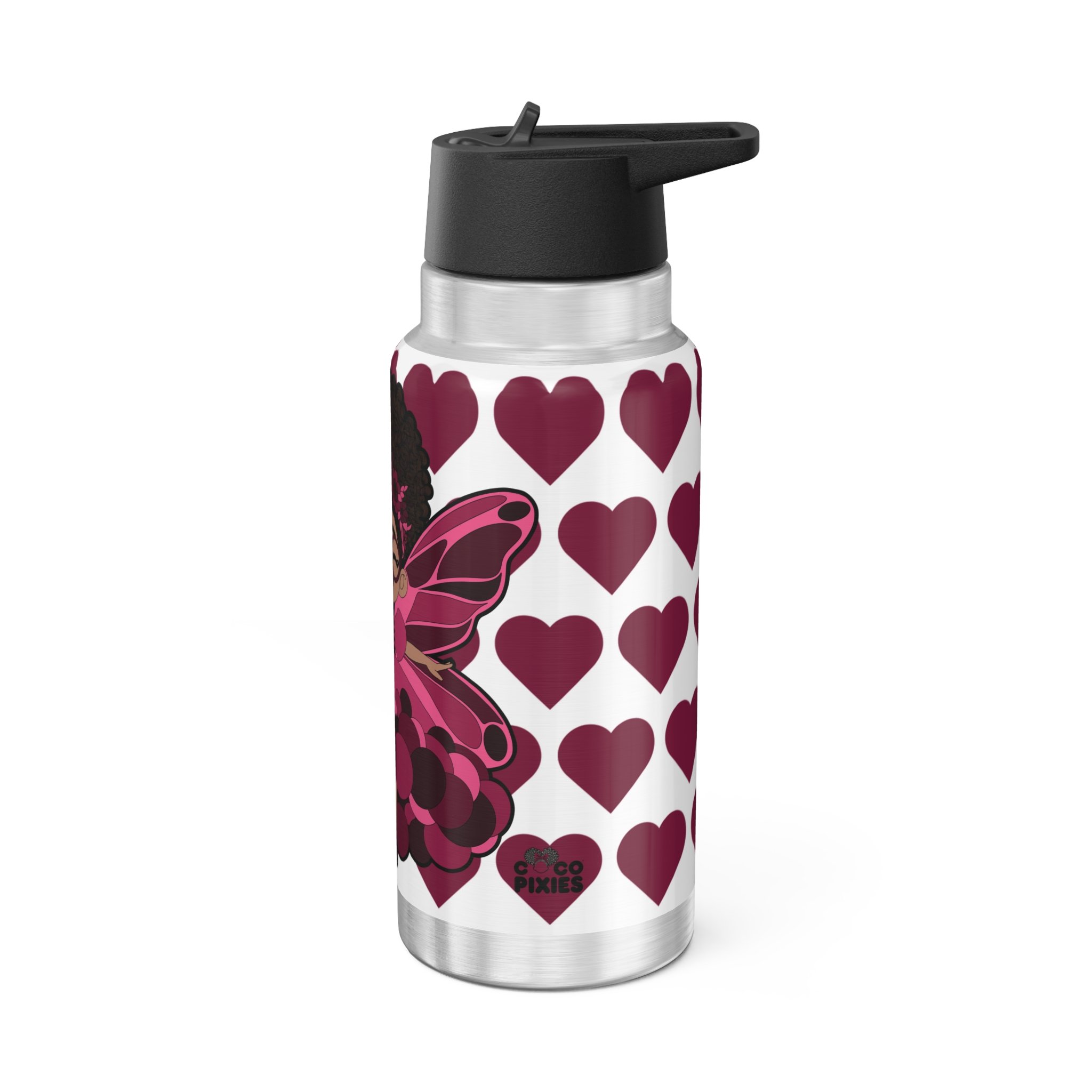 Delightful Daisy Pixie Stainless Steel Water Bottle by COCO PIXIES featuring the signature heart pattern, insulated 32oz tumbler with whimsical pixie artwork and flip-top lid.
