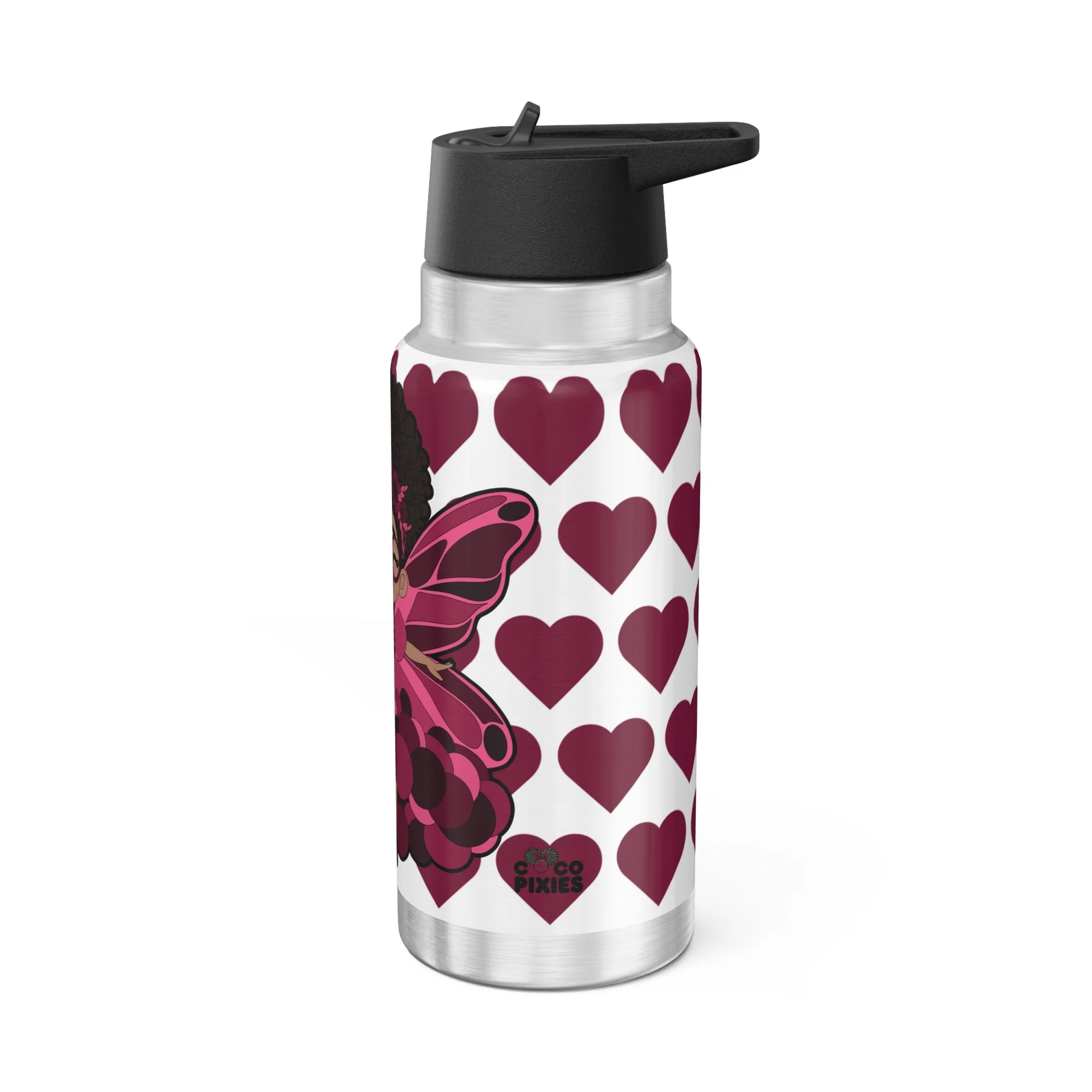 Delightful Daisy Pixie Stainless Steel Water Bottle by COCO PIXIES featuring the signature heart pattern, insulated 32oz tumbler with whimsical pixie artwork and flip-top lid.