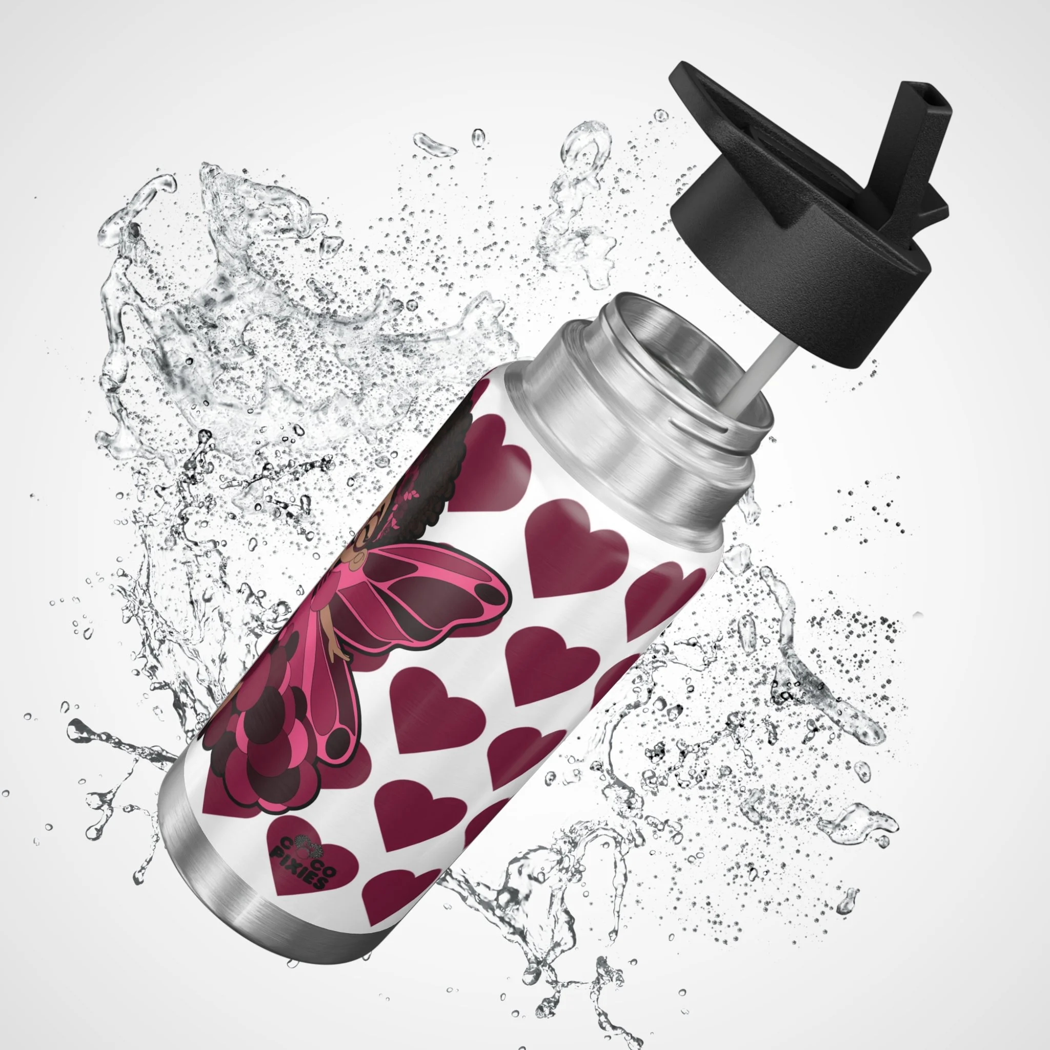 Delightful Daisy Pixie Stainless Steel Water Bottle by COCO PIXIES featuring the signature heart pattern, insulated 32oz tumbler with whimsical pixie artwork and flip-top lid.
