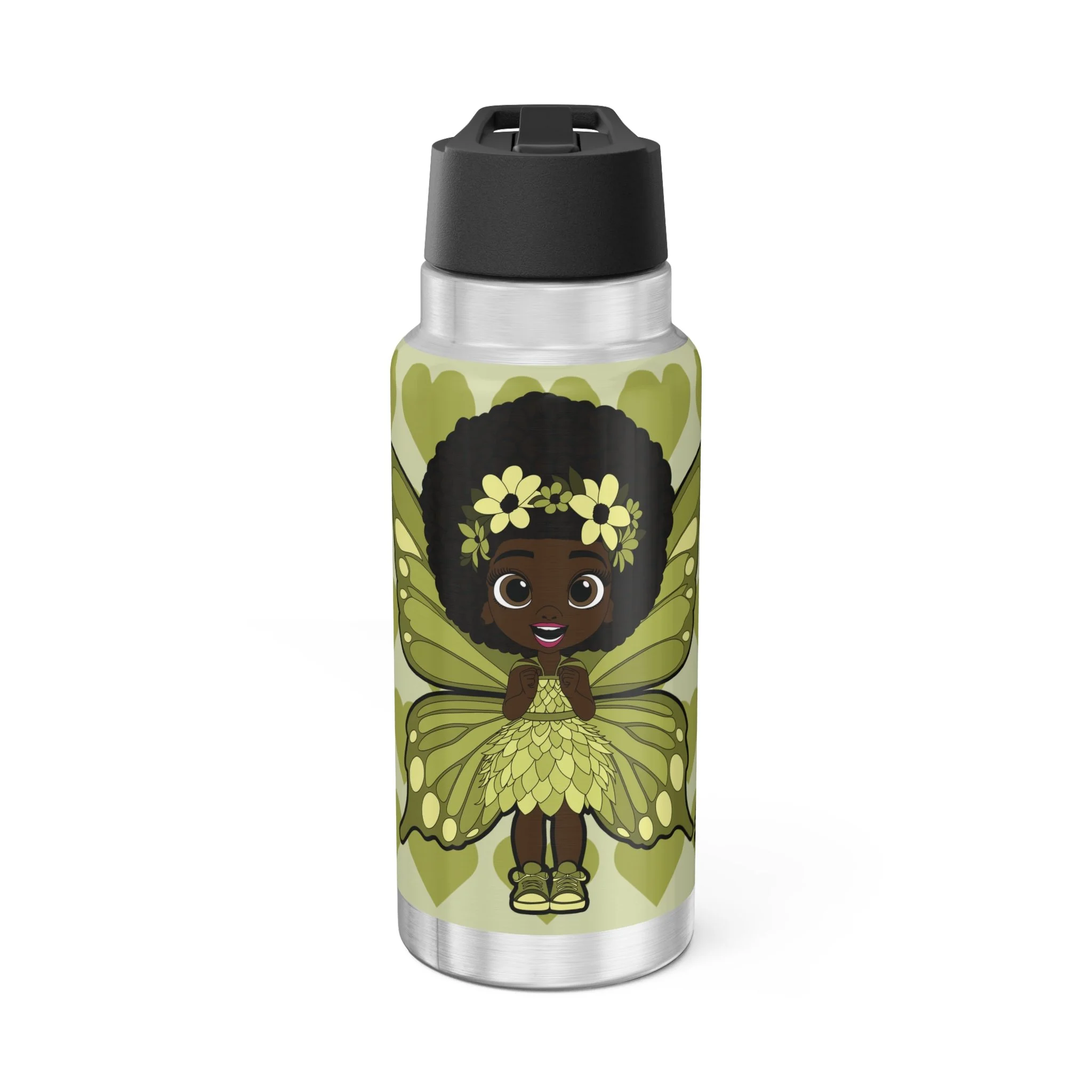 Cheerful Charlotte Pixie Stainless Steel Water Bottle by COCO PIXIES featuring a soft green signature heart pattern and adorable Black pixie illustration on a 32oz insulated stainless steel tumbler.