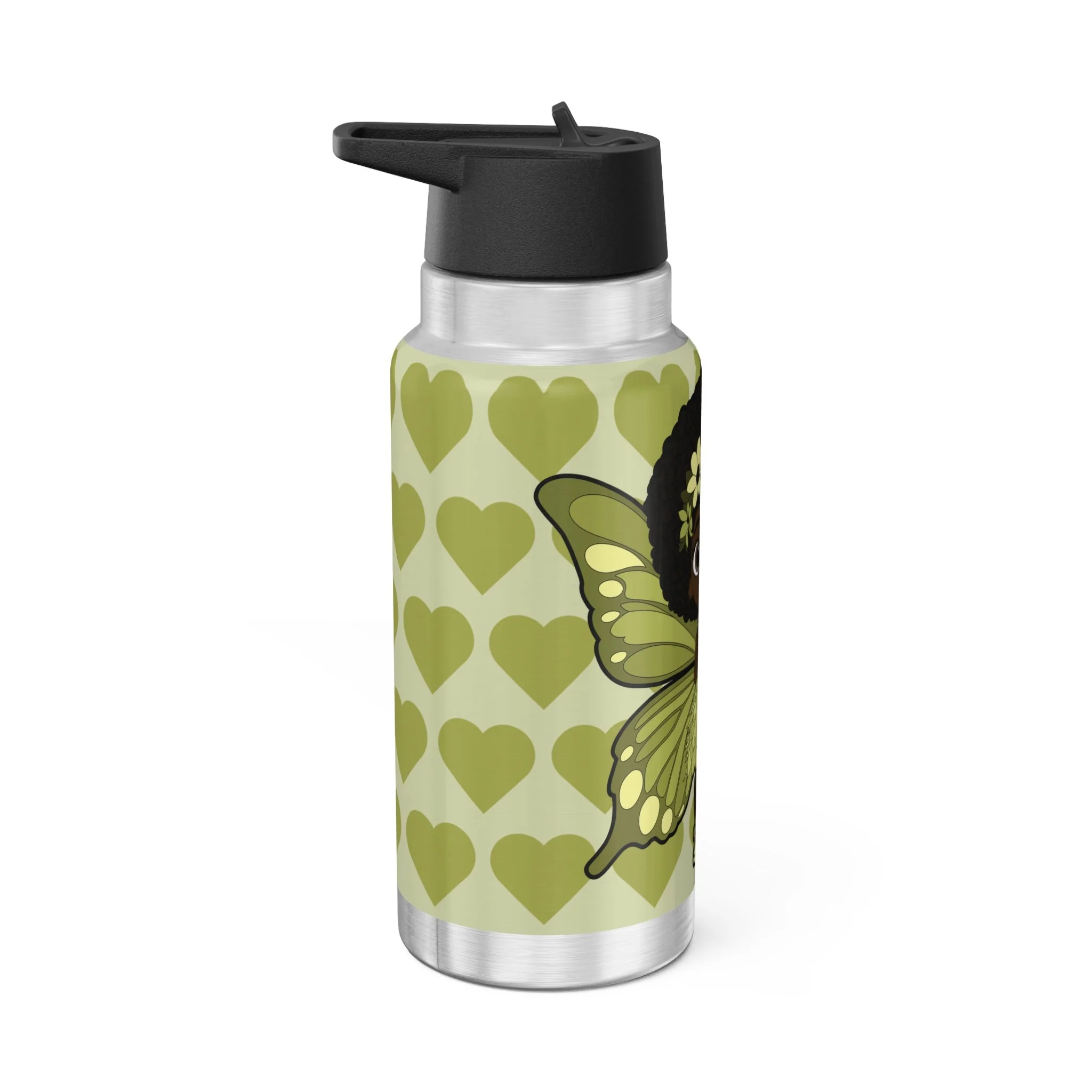 Cheerful Charlotte Pixie Stainless Steel Water Bottle by COCO PIXIES featuring a soft green signature heart pattern and adorable Black pixie illustration on a 32oz insulated stainless steel tumbler.