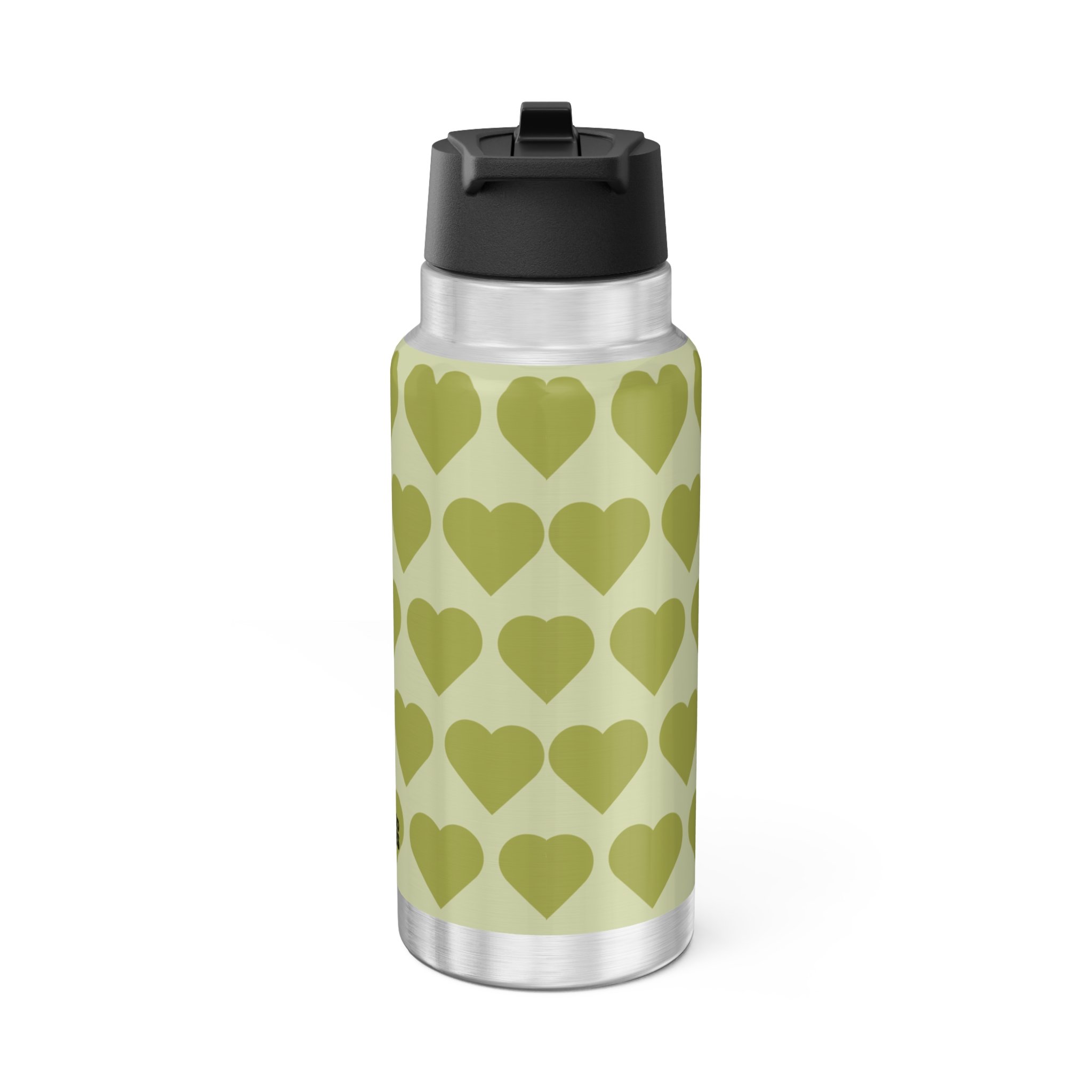 Cheerful Charlotte Pixie Stainless Steel Water Bottle by COCO PIXIES featuring a soft green signature heart pattern and adorable Black pixie illustration on a 32oz insulated stainless steel tumbler.