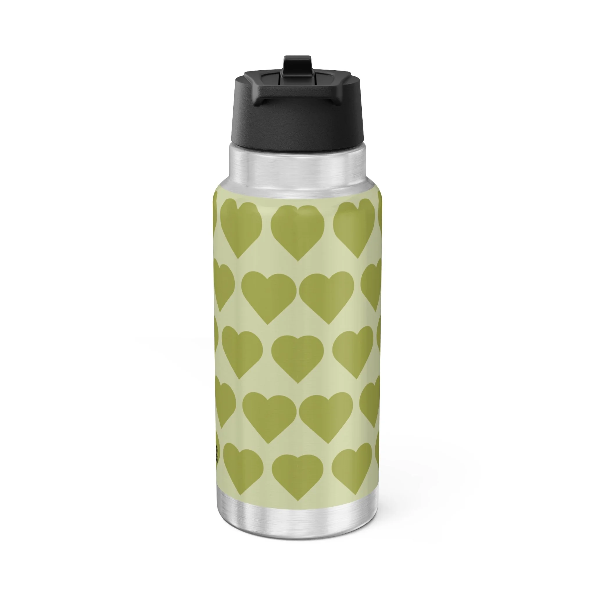 Cheerful Charlotte Pixie Stainless Steel Water Bottle by COCO PIXIES featuring a soft green signature heart pattern and adorable Black pixie illustration on a 32oz insulated stainless steel tumbler.
