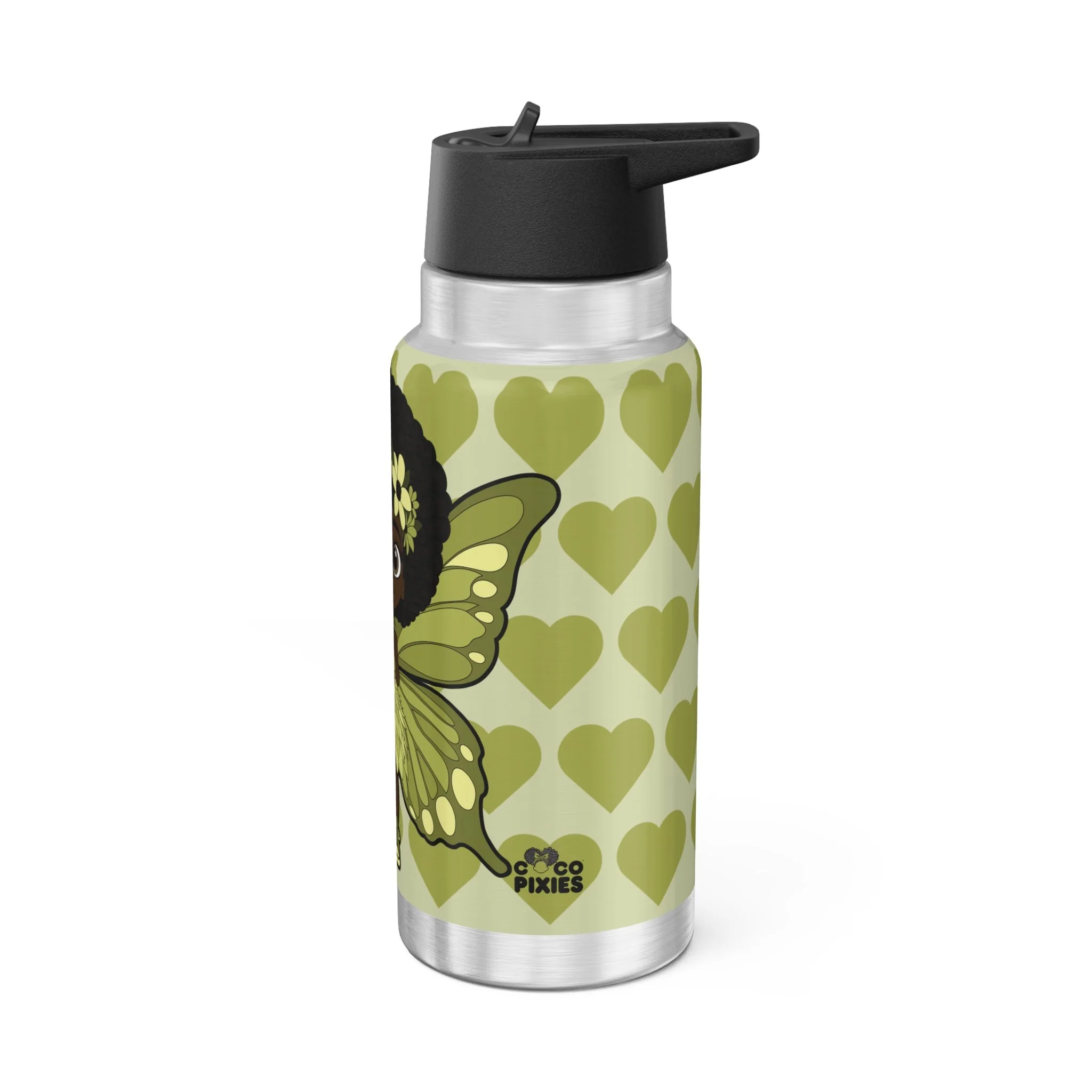 Cheerful Charlotte Pixie Stainless Steel Water Bottle by COCO PIXIES featuring a soft green signature heart pattern and adorable Black pixie illustration on a 32oz insulated stainless steel tumbler.