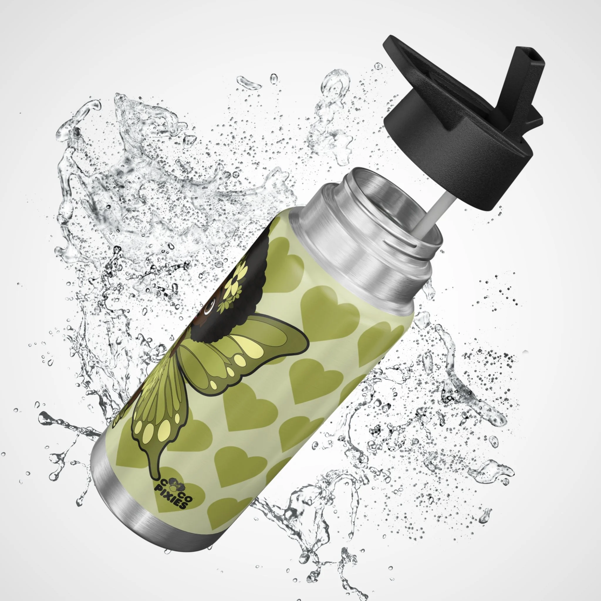 Cheerful Charlotte Pixie Stainless Steel Water Bottle by COCO PIXIES featuring a soft green signature heart pattern and adorable Black pixie illustration on a 32oz insulated stainless steel tumbler.