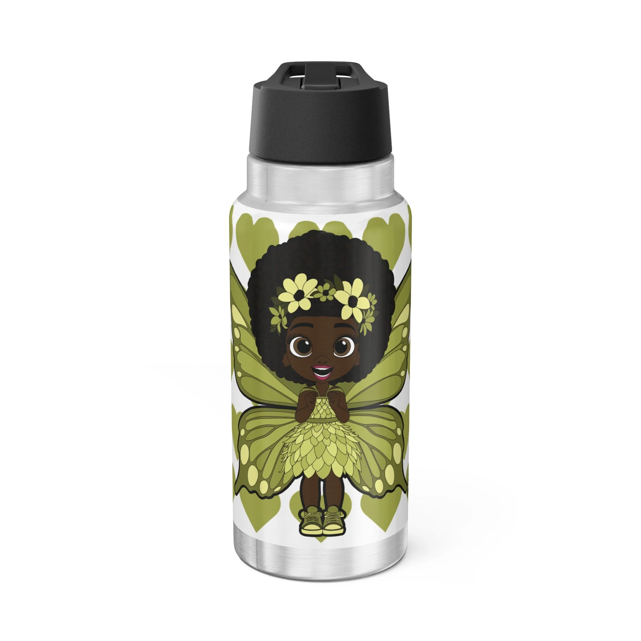Cheerful Charlotte Pixie Stainless Steel Water Bottle by COCO PIXIES featuring the Signature Heart Pattern on a 32oz insulated stainless steel tumbler with adorable Black pixie artwork.