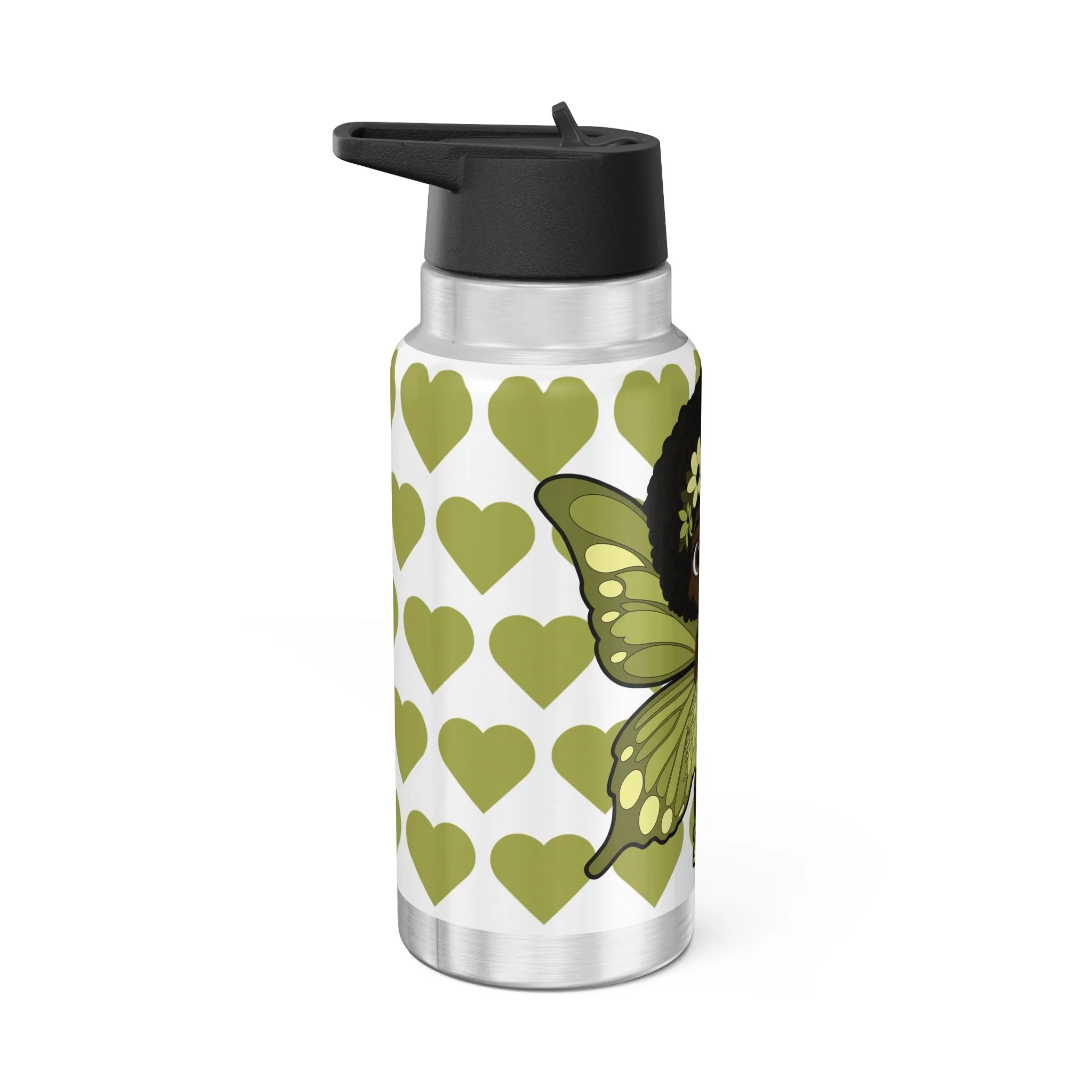 Cheerful Charlotte Pixie Stainless Steel Water Bottle by COCO PIXIES featuring the Signature Heart Pattern on a 32oz insulated stainless steel tumbler with adorable Black pixie artwork.
