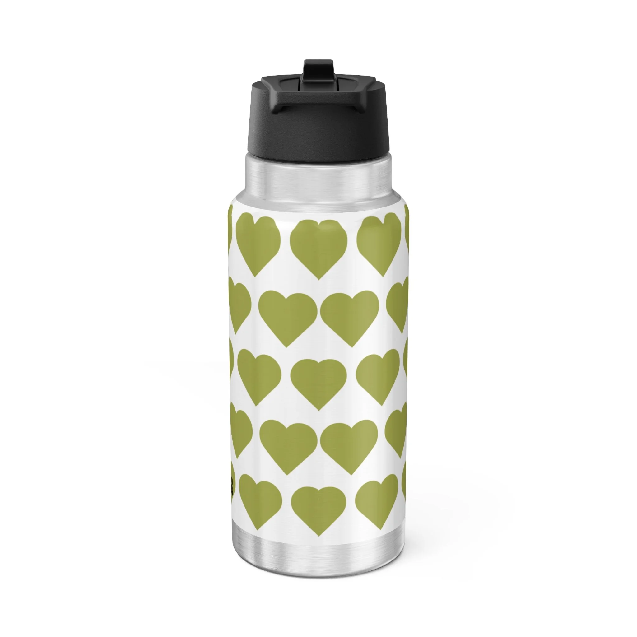 Cheerful Charlotte Pixie Stainless Steel Water Bottle by COCO PIXIES featuring the Signature Heart Pattern on a 32oz insulated stainless steel tumbler with adorable Black pixie artwork.