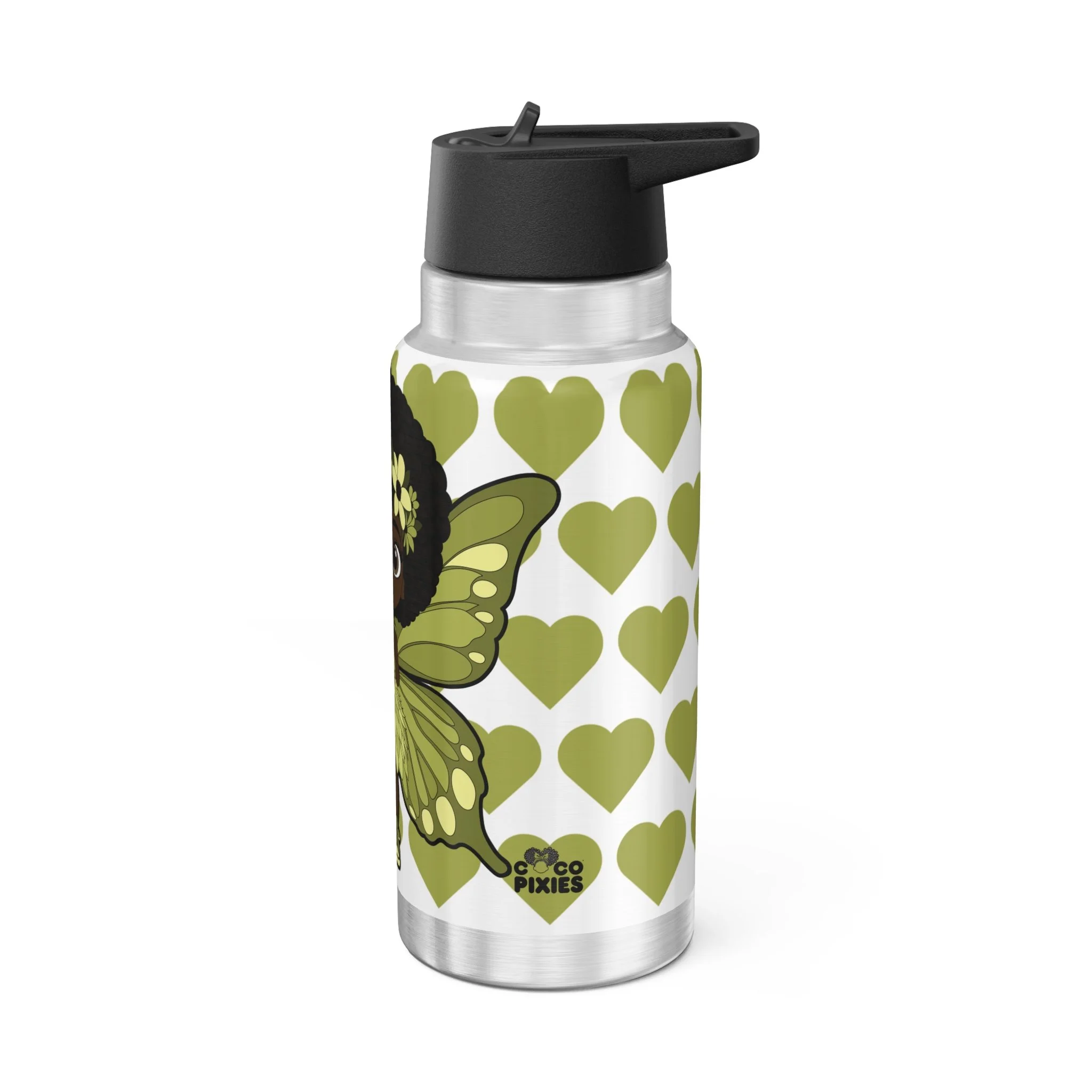 Cheerful Charlotte Pixie Stainless Steel Water Bottle by COCO PIXIES featuring the Signature Heart Pattern on a 32oz insulated stainless steel tumbler with adorable Black pixie artwork.