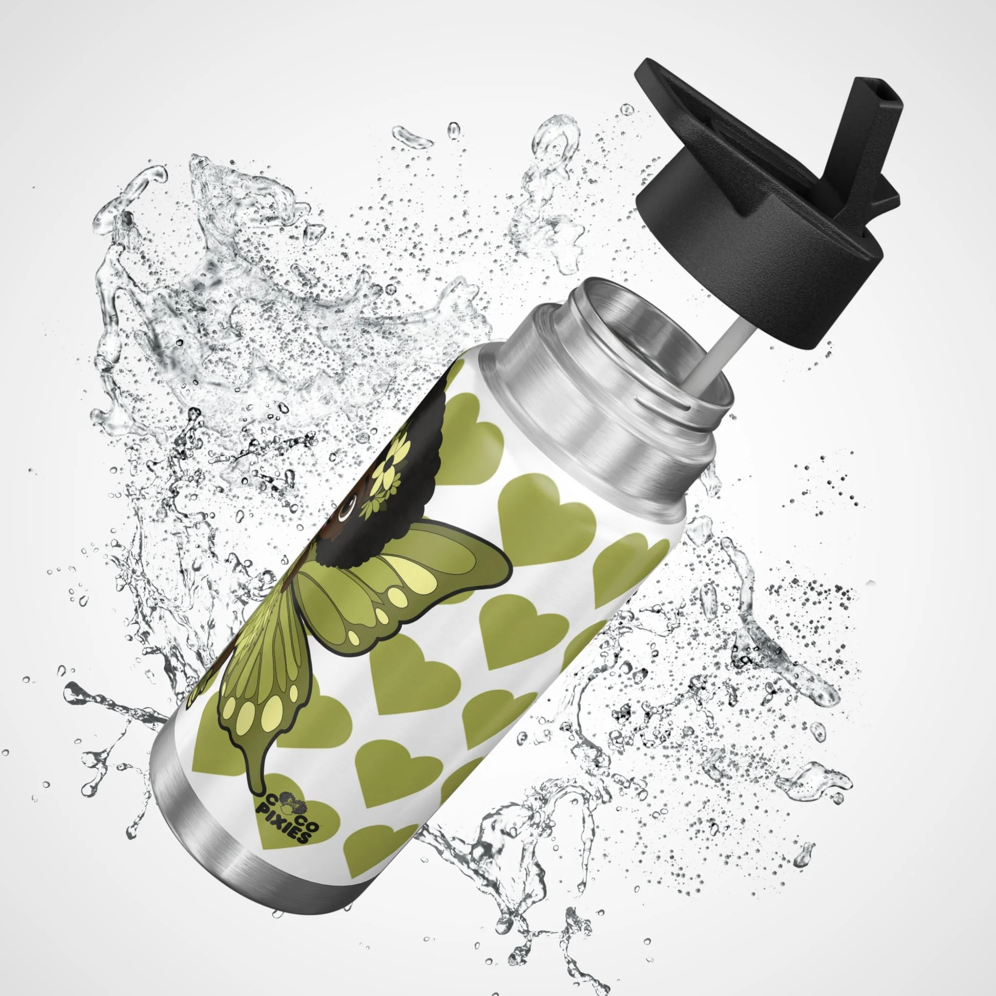 Cheerful Charlotte Pixie Stainless Steel Water Bottle by COCO PIXIES featuring the Signature Heart Pattern on a 32oz insulated stainless steel tumbler with adorable Black pixie artwork.
