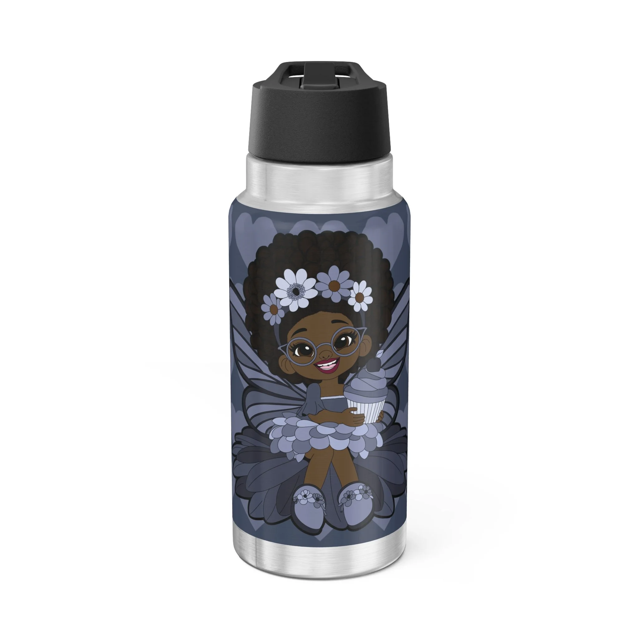 Bubbly Brooke Pixie Stainless Steel Water Bottle by Coco Pixies. Cool blue heart pattern, Black pixie with afro puffs, floral crown, glasses, butterfly wings, and cupcake on a 32oz insulated tumbler.