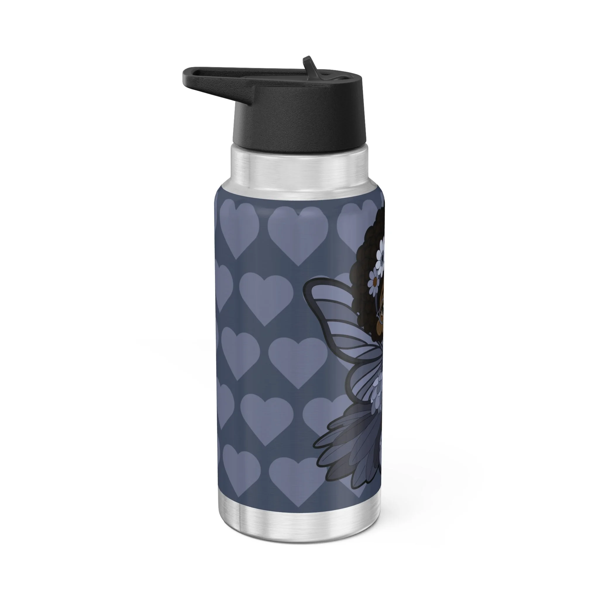Bubbly Brooke Pixie Stainless Steel Water Bottle by Coco Pixies. Cool blue heart pattern, Black pixie with afro puffs, floral crown, glasses, butterfly wings, and cupcake on a 32oz insulated tumbler.