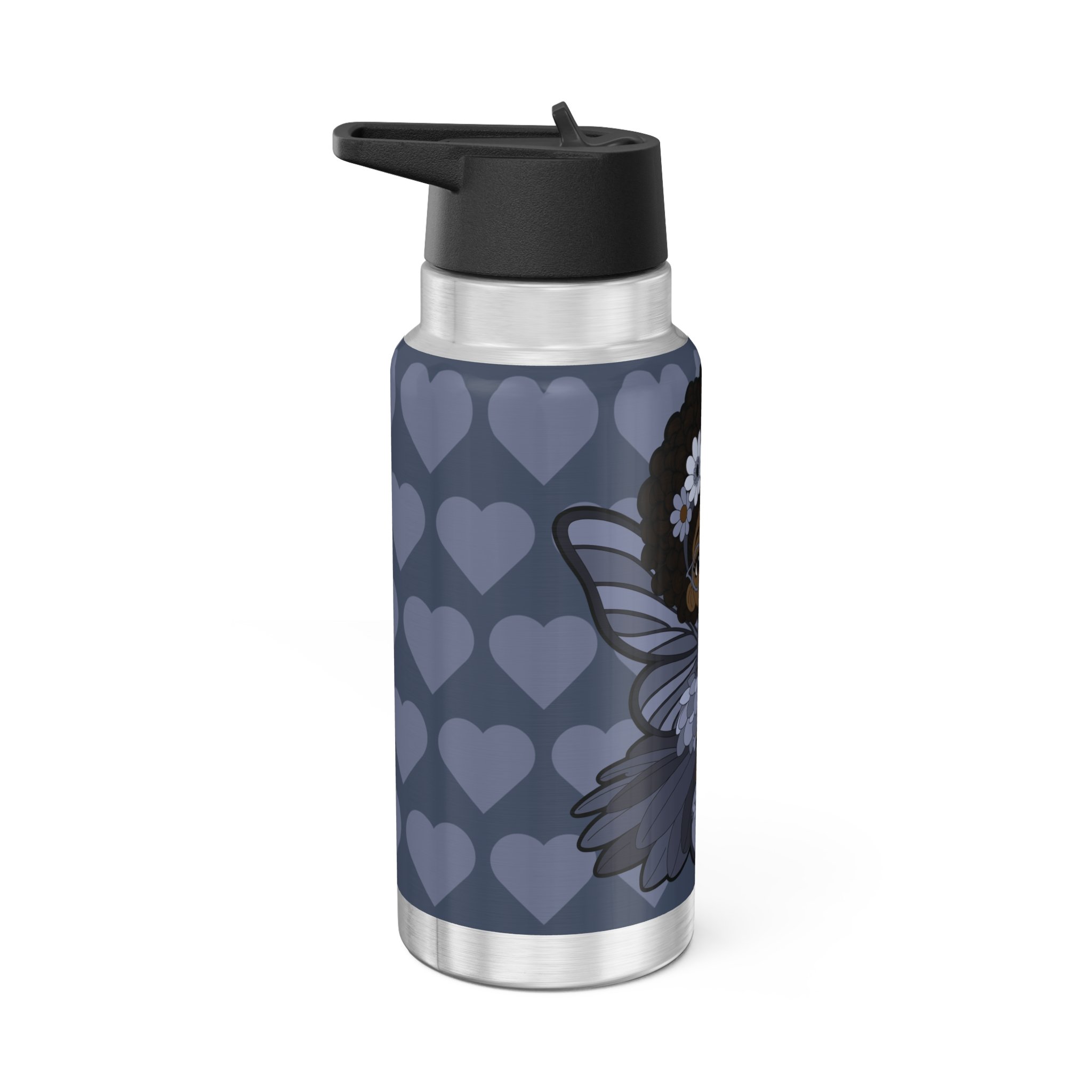 Bubbly Brooke Pixie Stainless Steel Water Bottle by Coco Pixies. Cool blue heart pattern, Black pixie with afro puffs, floral crown, glasses, butterfly wings, and cupcake on a 32oz insulated tumbler.