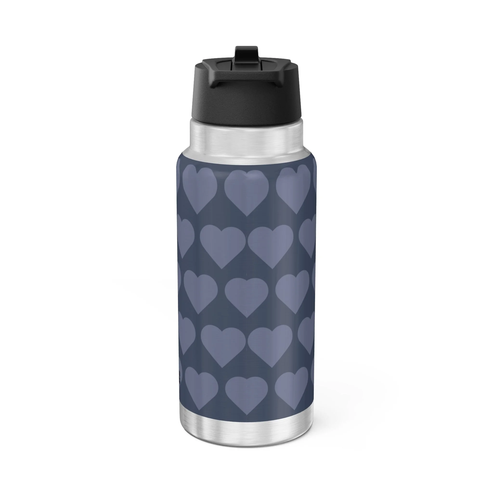 Bubbly Brooke Pixie Stainless Steel Water Bottle by Coco Pixies. Cool blue heart pattern, Black pixie with afro puffs, floral crown, glasses, butterfly wings, and cupcake on a 32oz insulated tumbler.