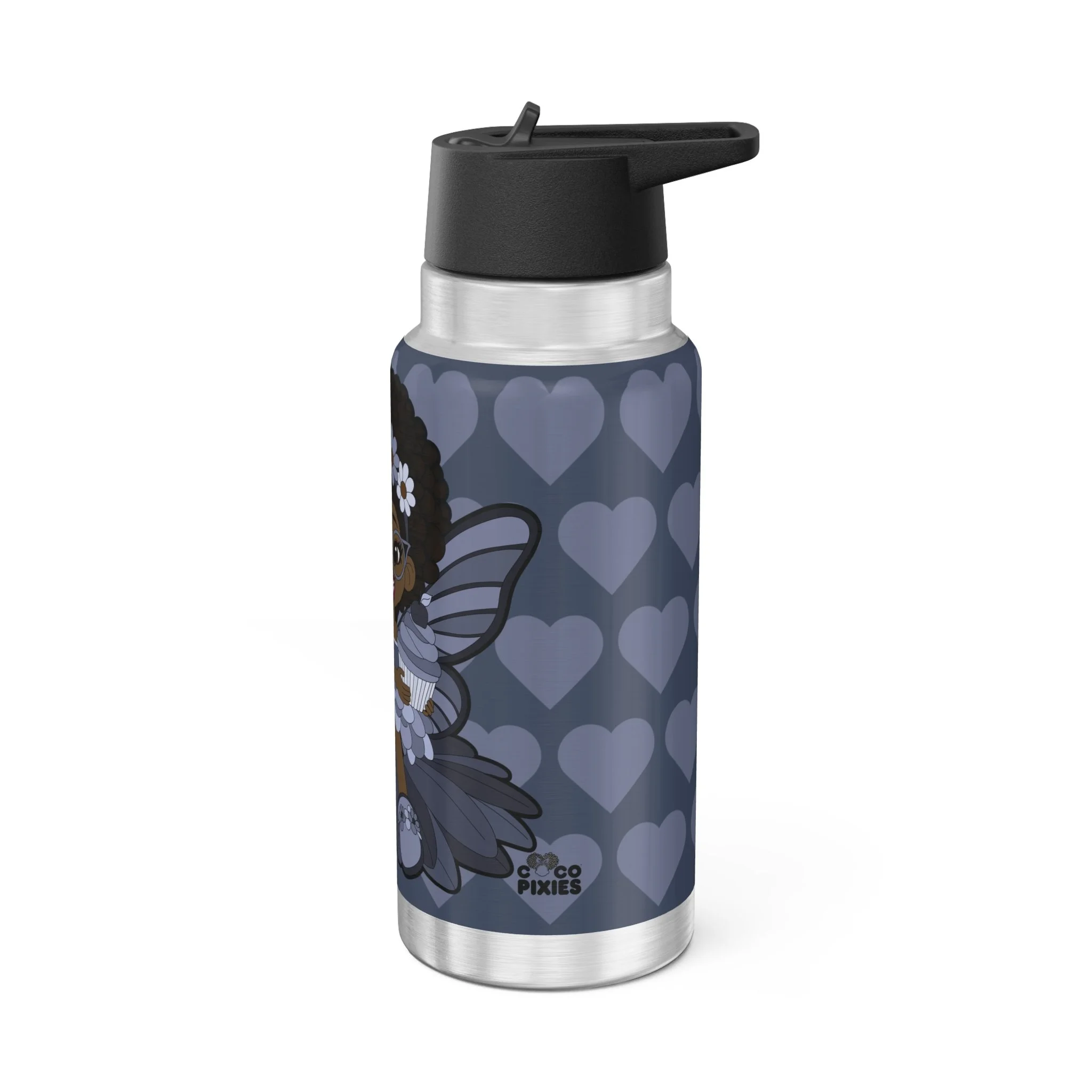 Bubbly Brooke Pixie Stainless Steel Water Bottle by Coco Pixies. Cool blue heart pattern, Black pixie with afro puffs, floral crown, glasses, butterfly wings, and cupcake on a 32oz insulated tumbler.