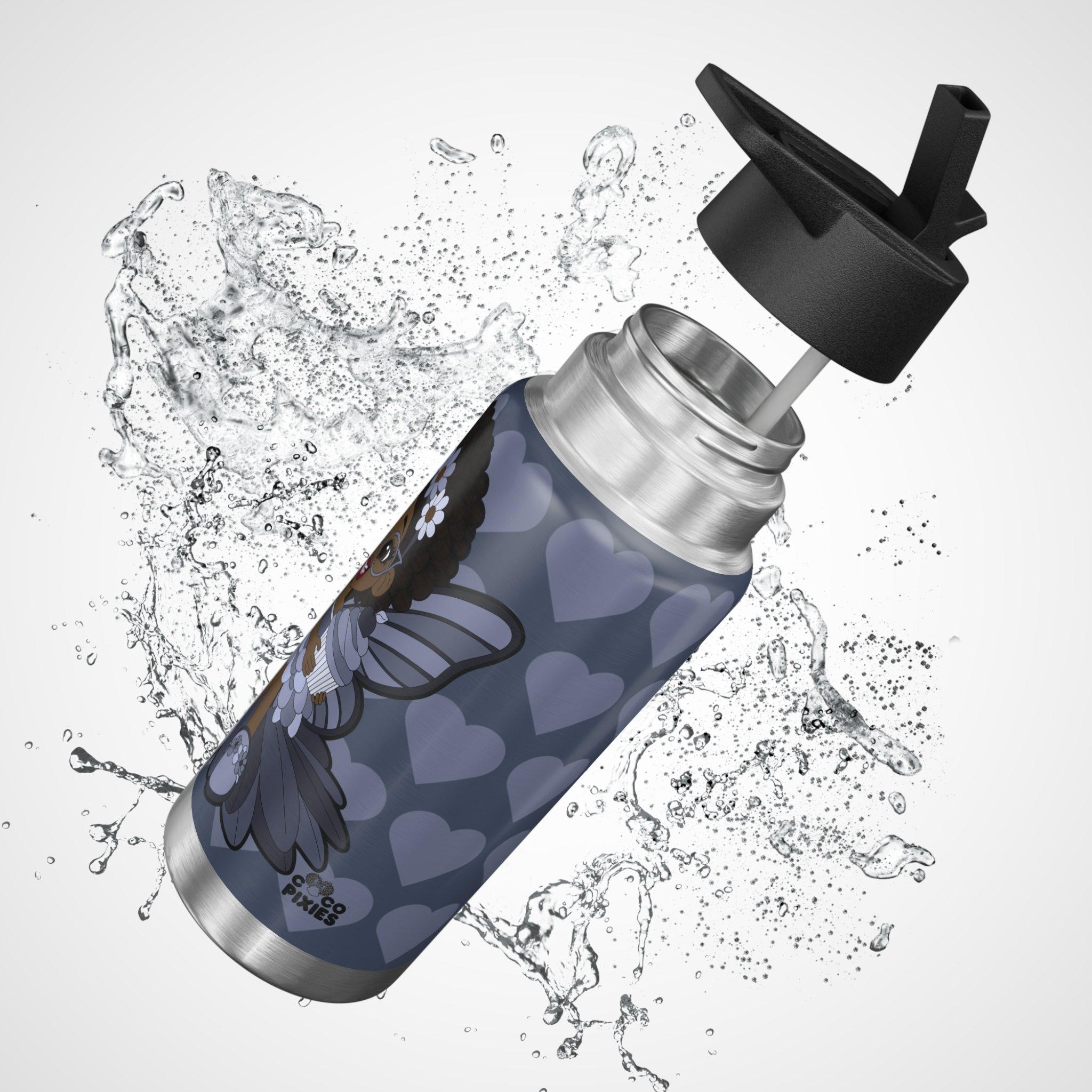Bubbly Brooke Pixie Stainless Steel Water Bottle by Coco Pixies. Cool blue heart pattern, Black pixie with afro puffs, floral crown, glasses, butterfly wings, and cupcake on a 32oz insulated tumbler.