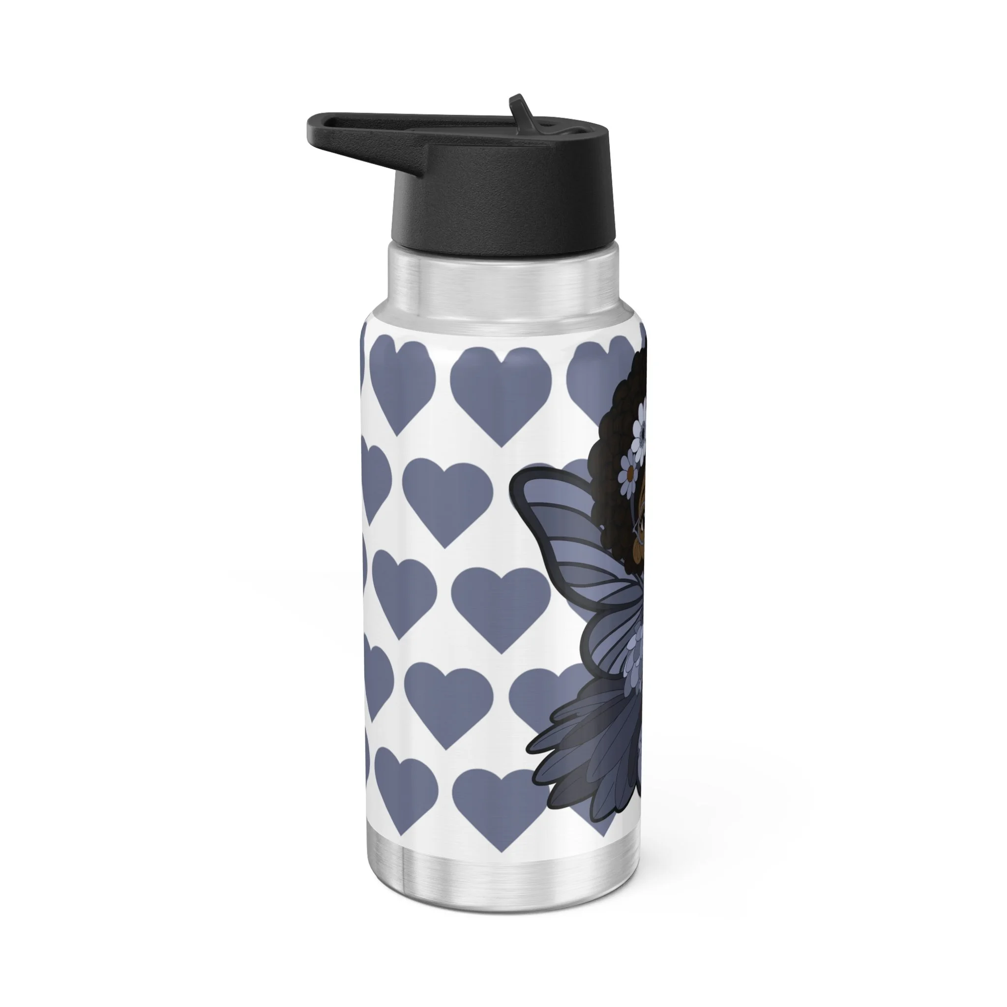 Bubbly Brooke Pixie Stainless Steel Water Bottle by Coco Pixies featuring heart pattern, Black pixie with afro puffs, floral crown, glasses, butterfly wings, and cupcake on a 32oz insulated tumbler.