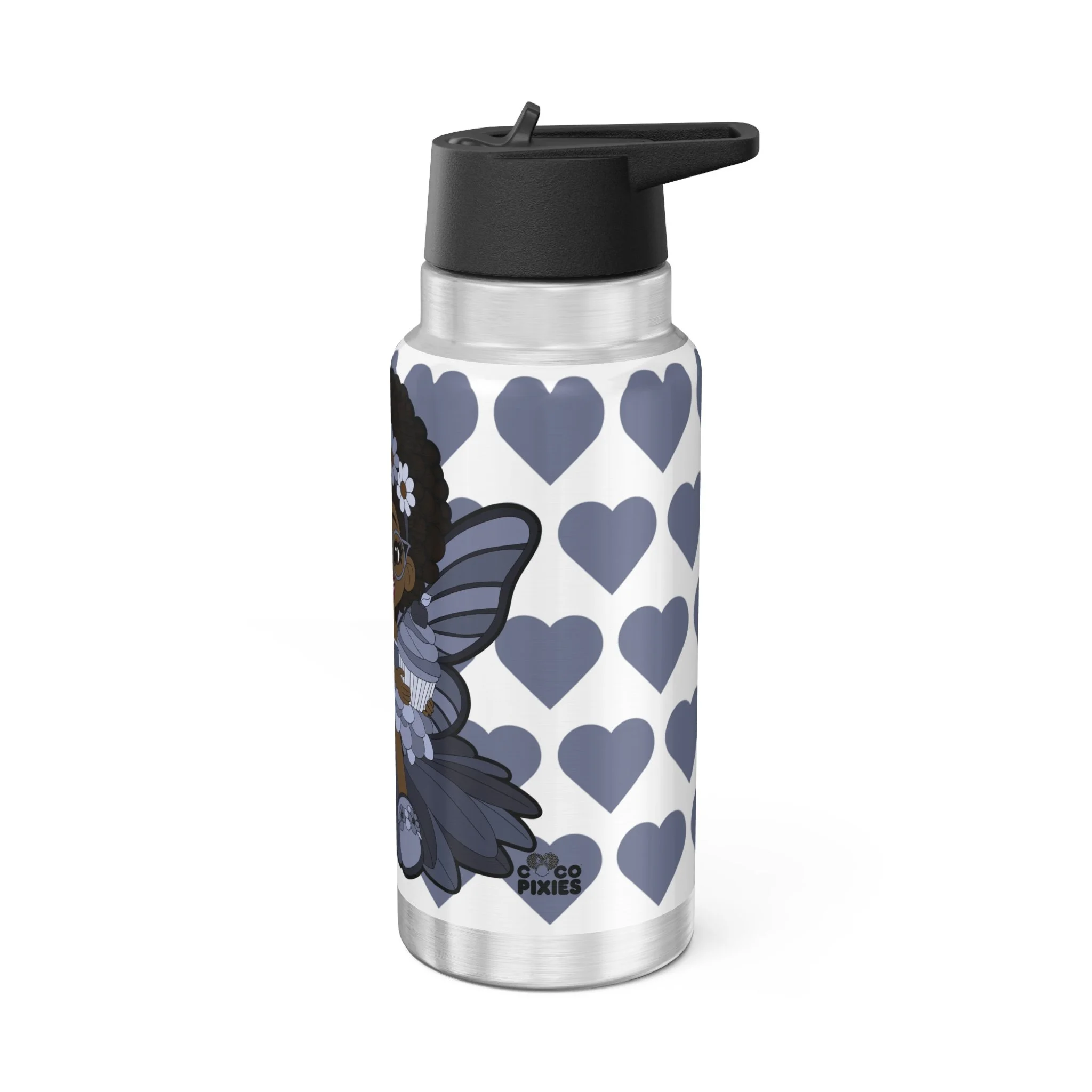 Bubbly Brooke Pixie Stainless Steel Water Bottle by Coco Pixies featuring heart pattern, Black pixie with afro puffs, floral crown, glasses, butterfly wings, and cupcake on a 32oz insulated tumbler.