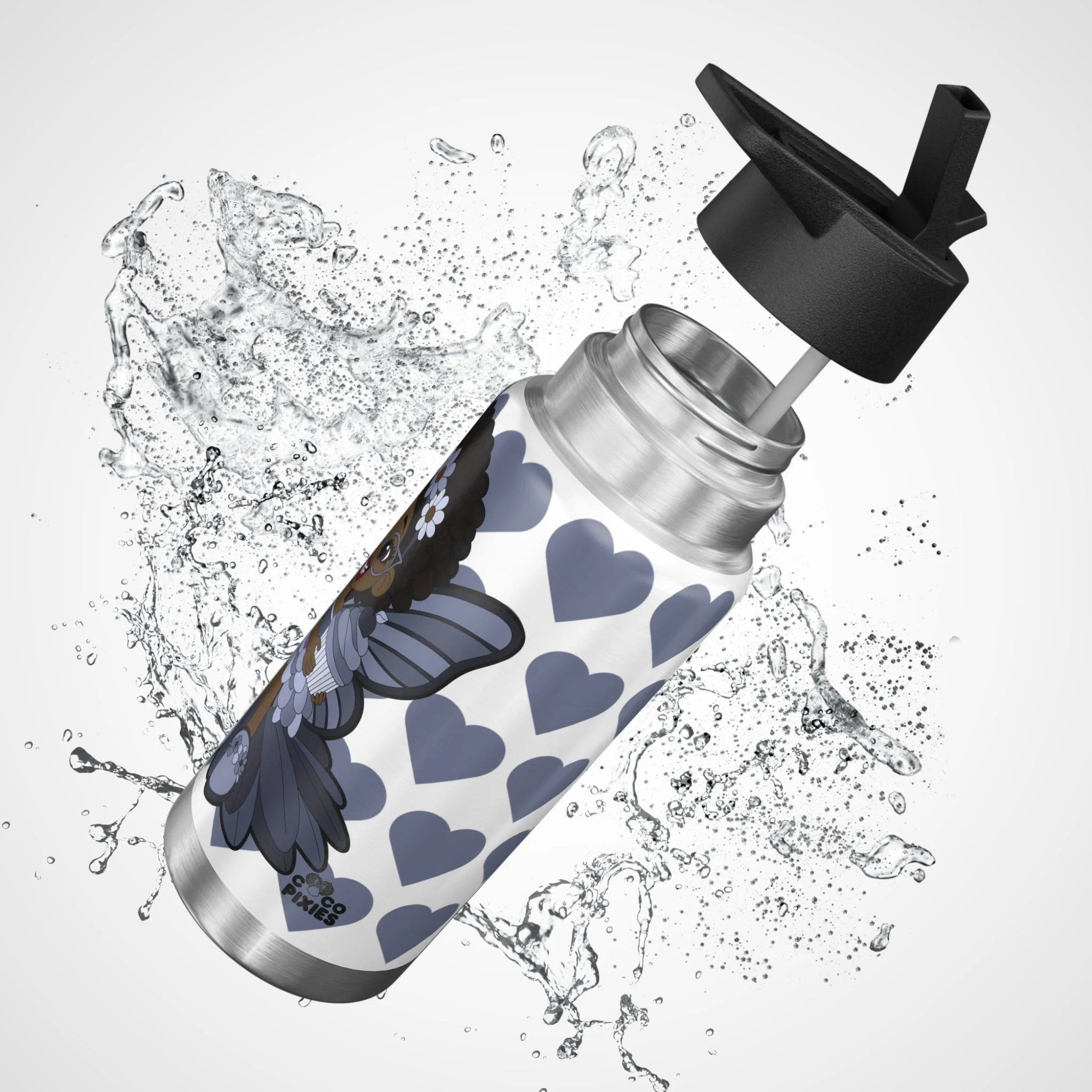 Bubbly Brooke Pixie Stainless Steel Water Bottle by Coco Pixies featuring heart pattern, Black pixie with afro puffs, floral crown, glasses, butterfly wings, and cupcake on a 32oz insulated tumbler.