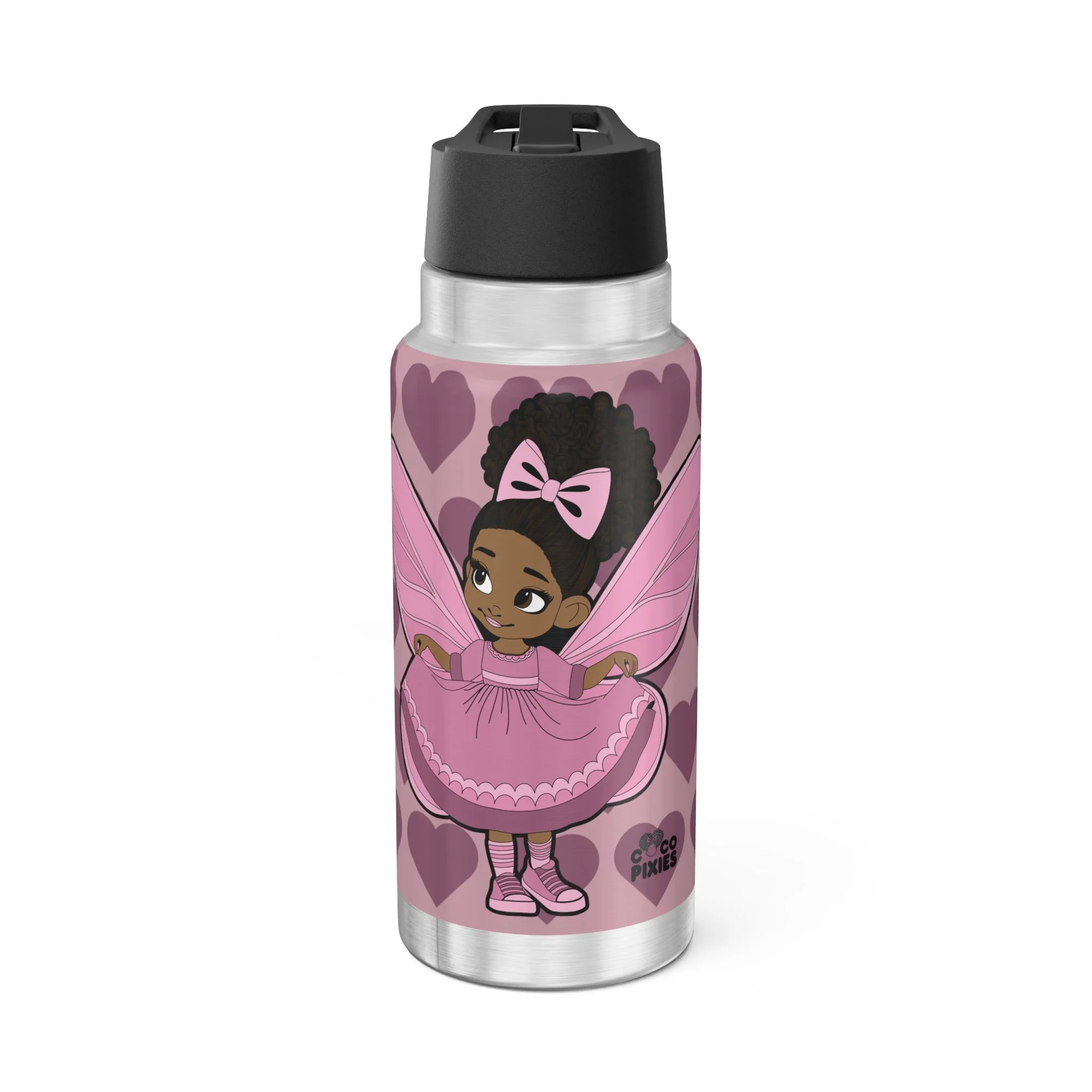 Darling Daphne Pixie Stainless Steel Water Bottle by Coco Pixies featuring a Black pixie with curly afro puff, pink wings, mauve signature heart pattern, insulated 32oz tumbler.
