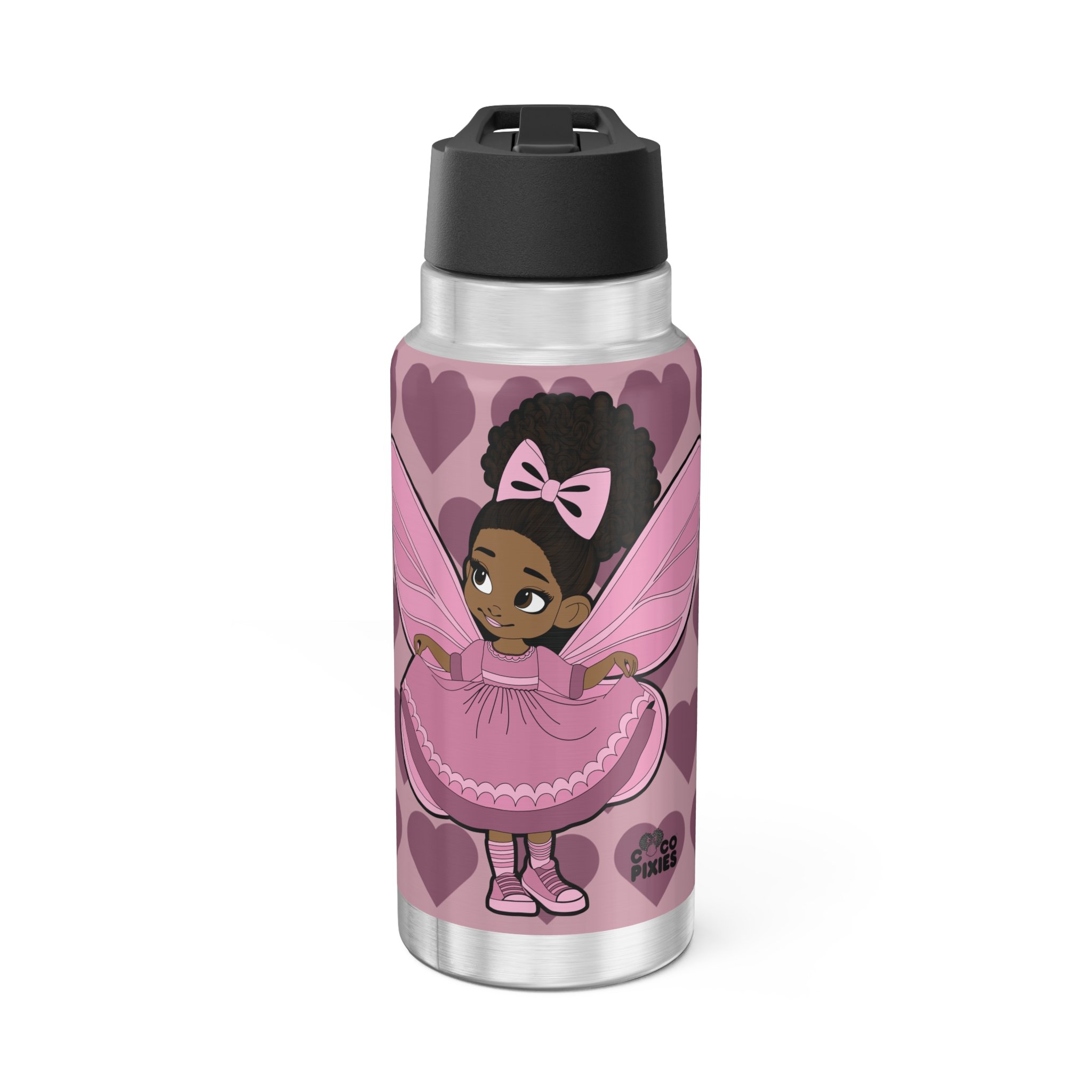 Darling Daphne Pixie Stainless Steel Water Bottle - Coco Pixies Mauve Signature Heart Pattern 32oz Tumbler