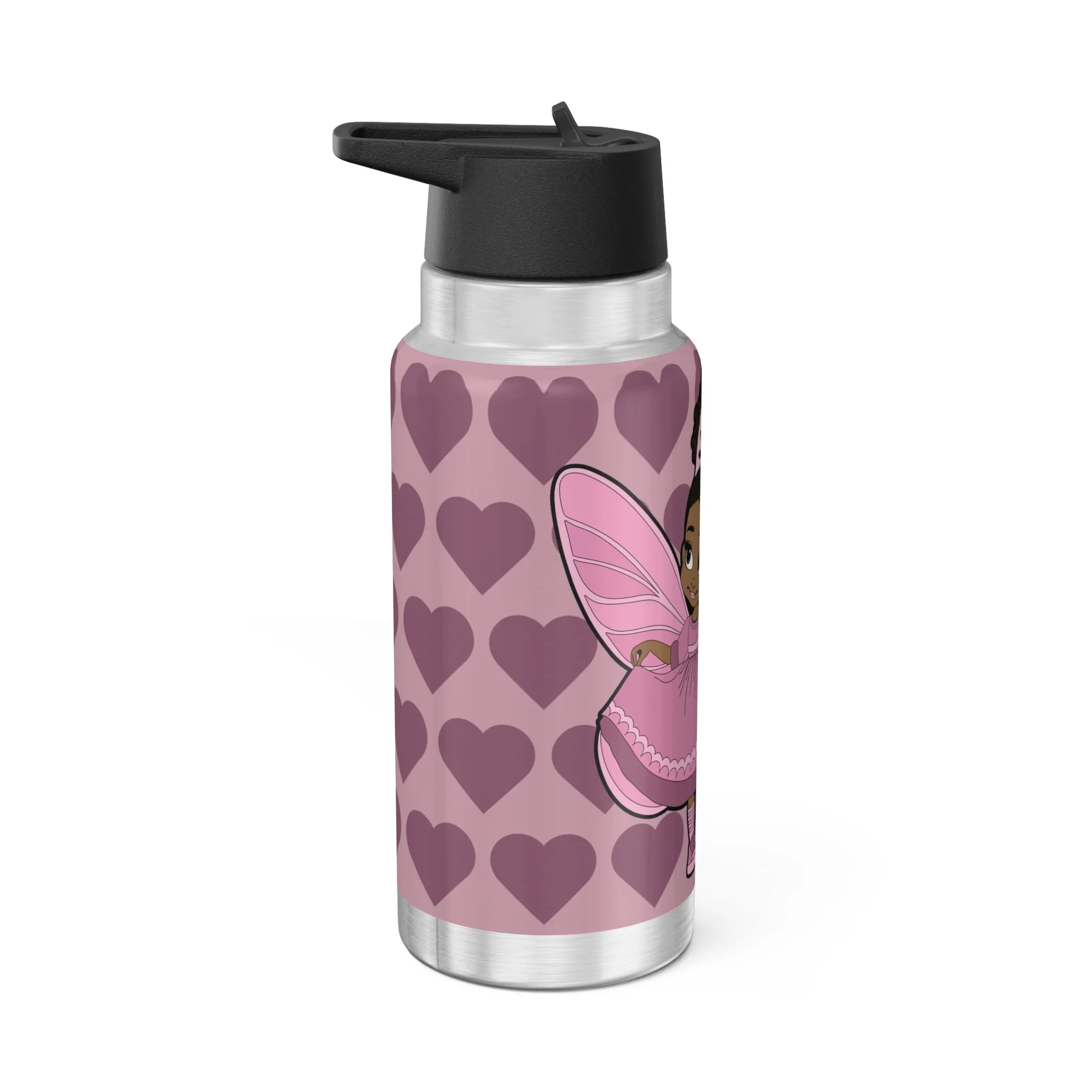 Darling Daphne Pixie Stainless Steel Water Bottle by Coco Pixies featuring a Black pixie with curly afro puff, pink wings, mauve signature heart pattern, insulated 32oz tumbler.