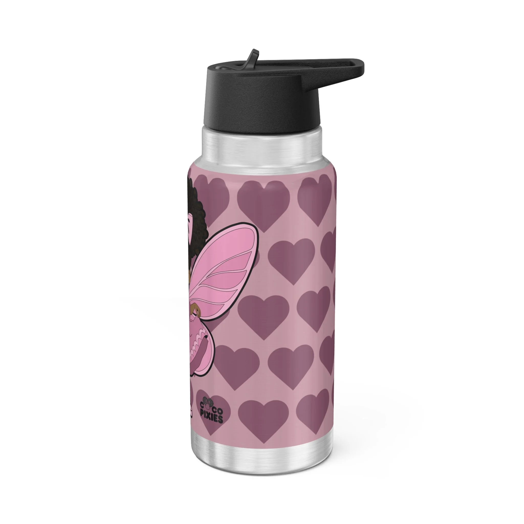 Darling Daphne Pixie Stainless Steel Water Bottle by Coco Pixies featuring a Black pixie with curly afro puff, pink wings, mauve signature heart pattern, insulated 32oz tumbler.