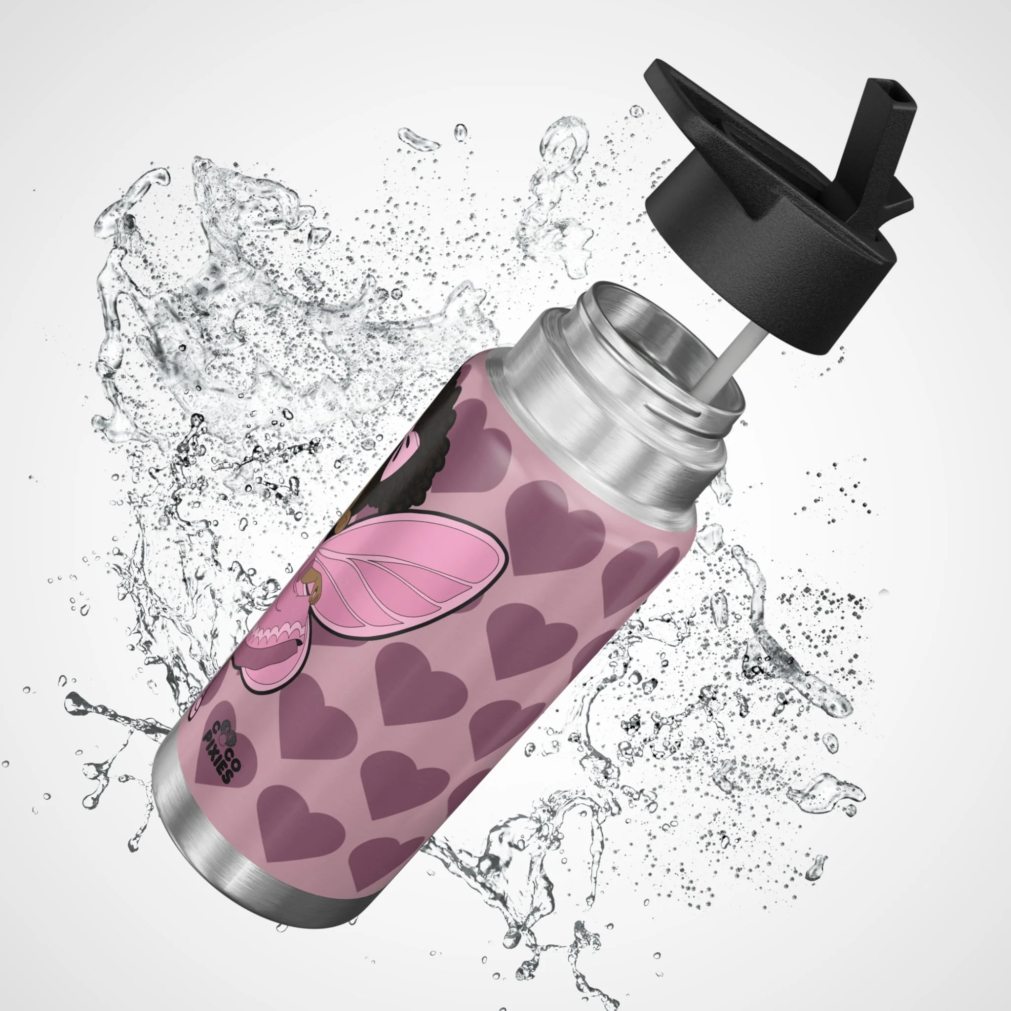 Darling Daphne Pixie Stainless Steel Water Bottle by Coco Pixies featuring a Black pixie with curly afro puff, pink wings, mauve signature heart pattern, insulated 32oz tumbler.
