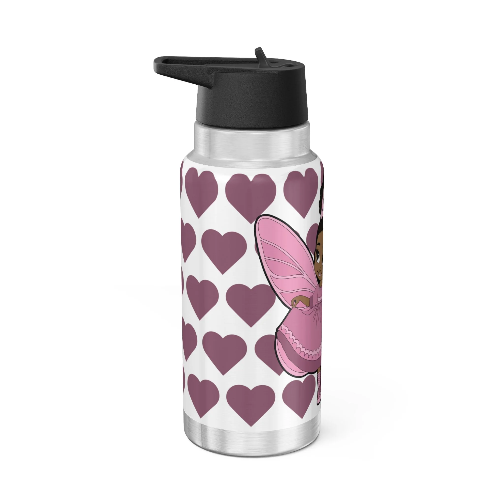 Darling Daphne Pixie Stainless Steel Water Bottle by Coco Pixies featuring a Black pixie with curly afro puff, pink wings, signature heart pattern, insulated 32oz tumbler.