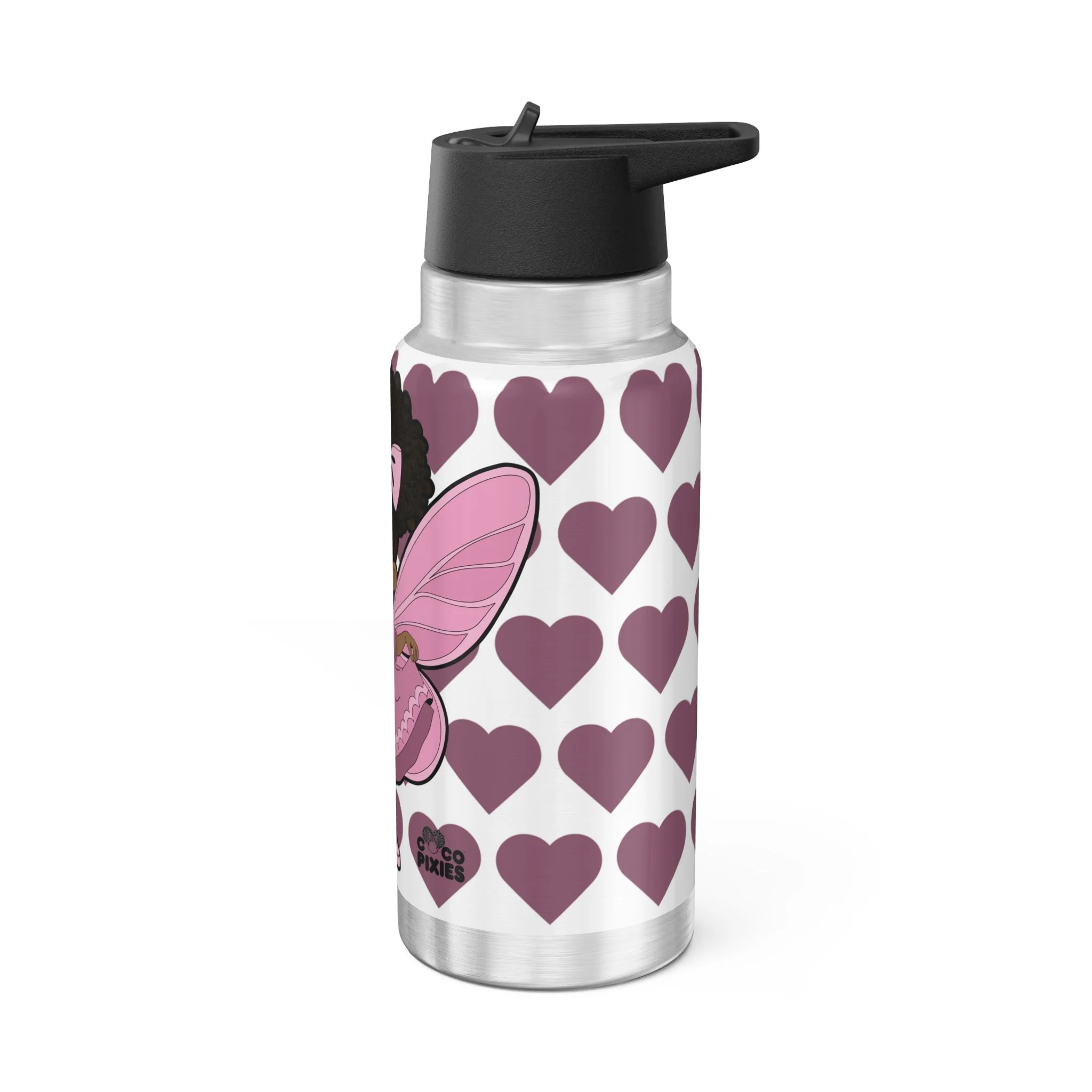 Darling Daphne Pixie Stainless Steel Water Bottle by Coco Pixies featuring a Black pixie with curly afro puff, pink wings, signature heart pattern, insulated 32oz tumbler.