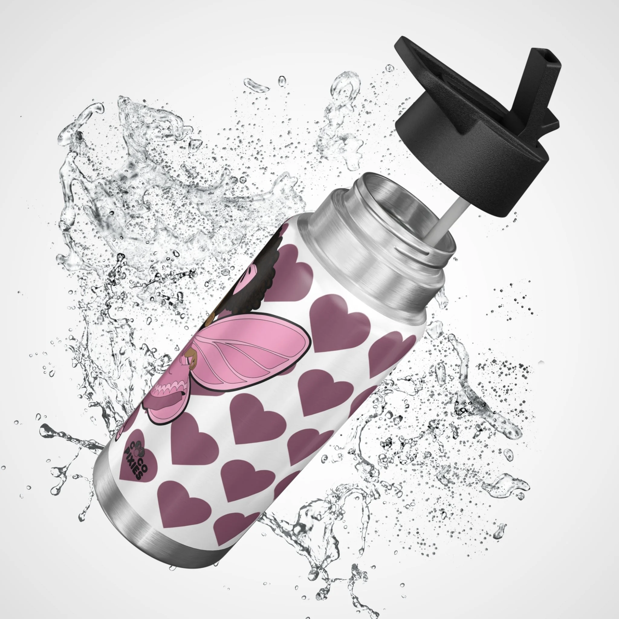 Darling Daphne Pixie Stainless Steel Water Bottle by Coco Pixies featuring a Black pixie with curly afro puff, pink wings, signature heart pattern, insulated 32oz tumbler.