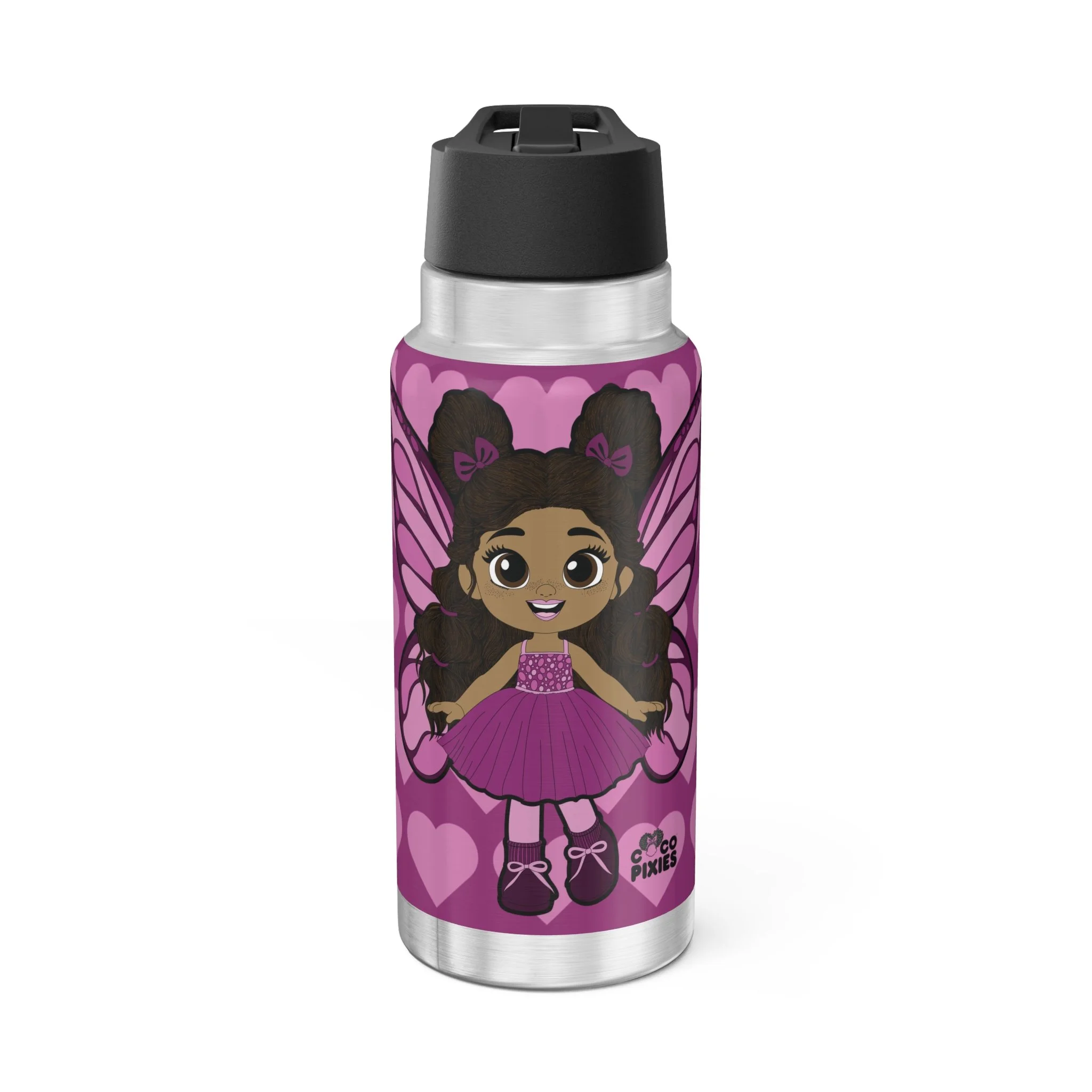 Fiona Flutter Pixie Stainless Steel Water Bottle by Coco Pixies. Magenta heart pattern, 32oz insulated tumbler with Black pixie character artwork and leak-resistant flip-top lid.